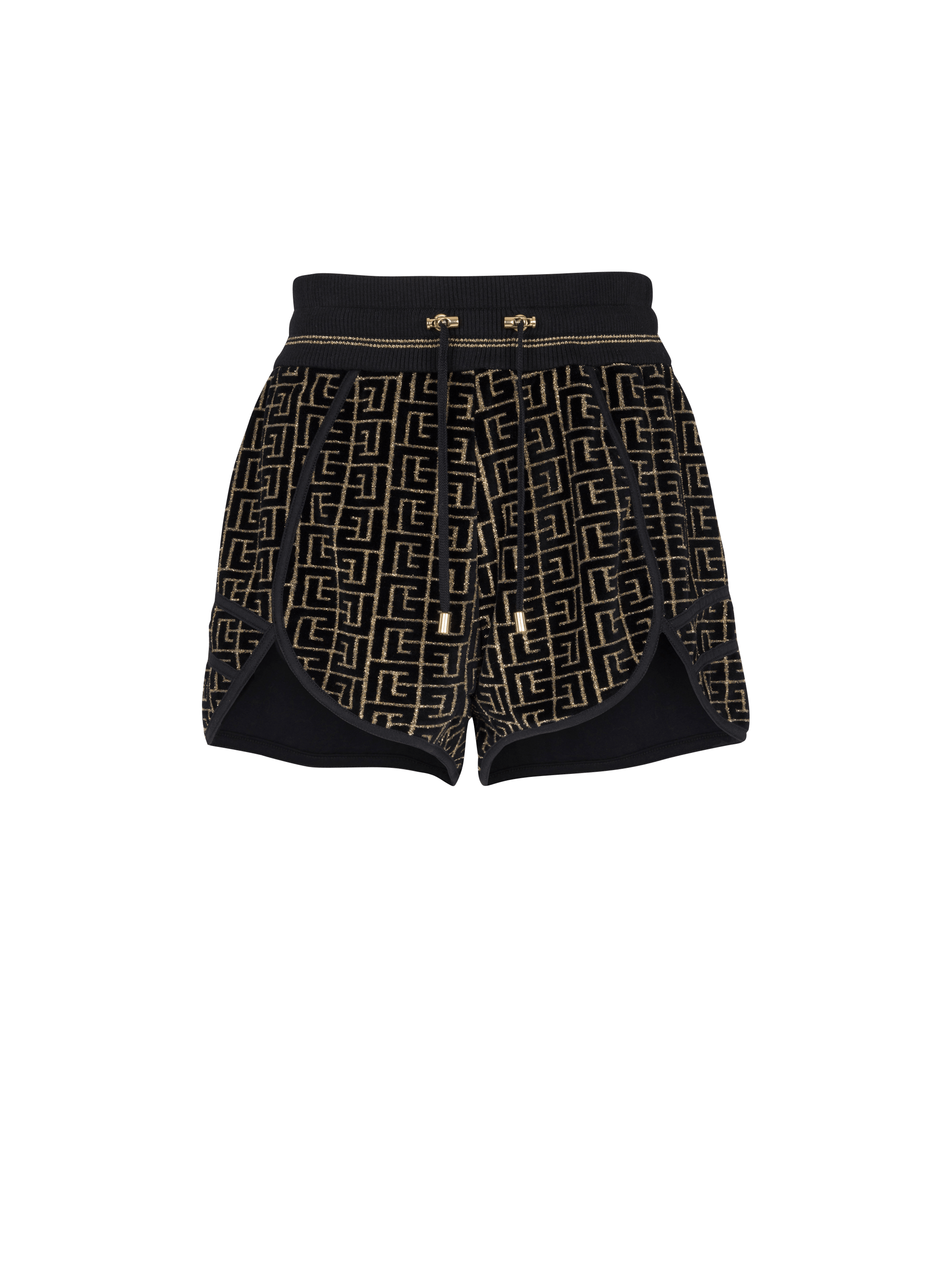 Pantalones cortos de punto de terciopelo con monograma, negro, hi-res