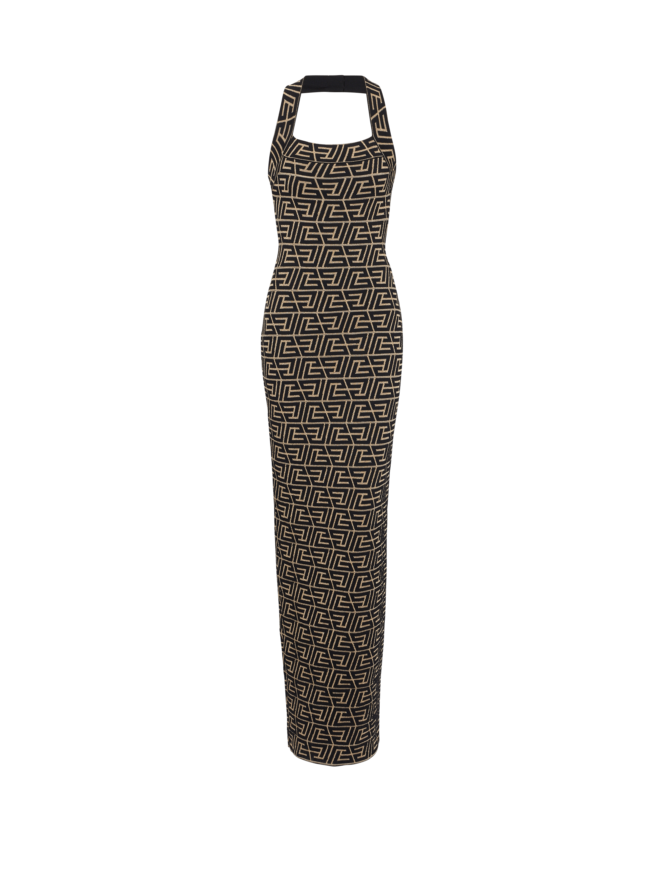 Monogrammed backless knit dress, gold, hi-res