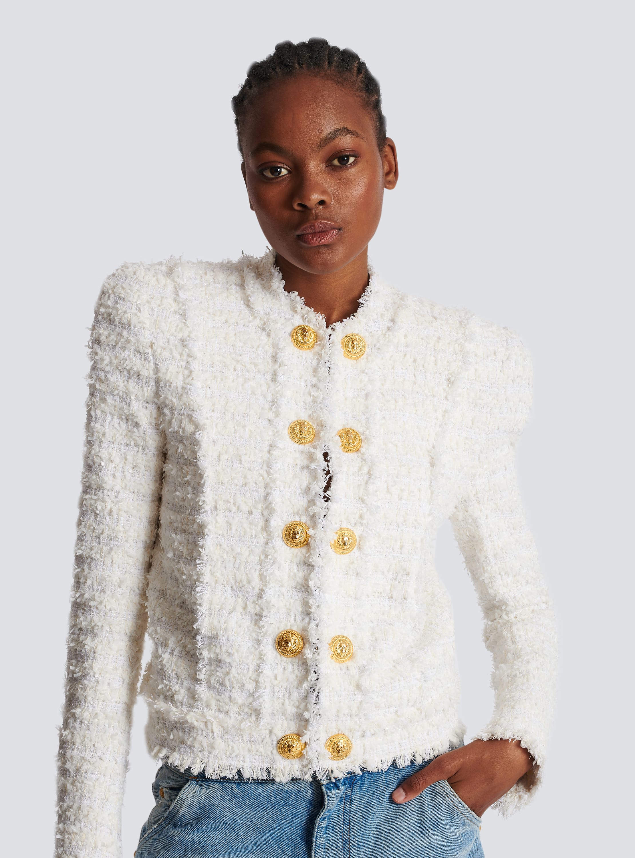 Balmain Double Breasted Fringed Tweed Blazer in White