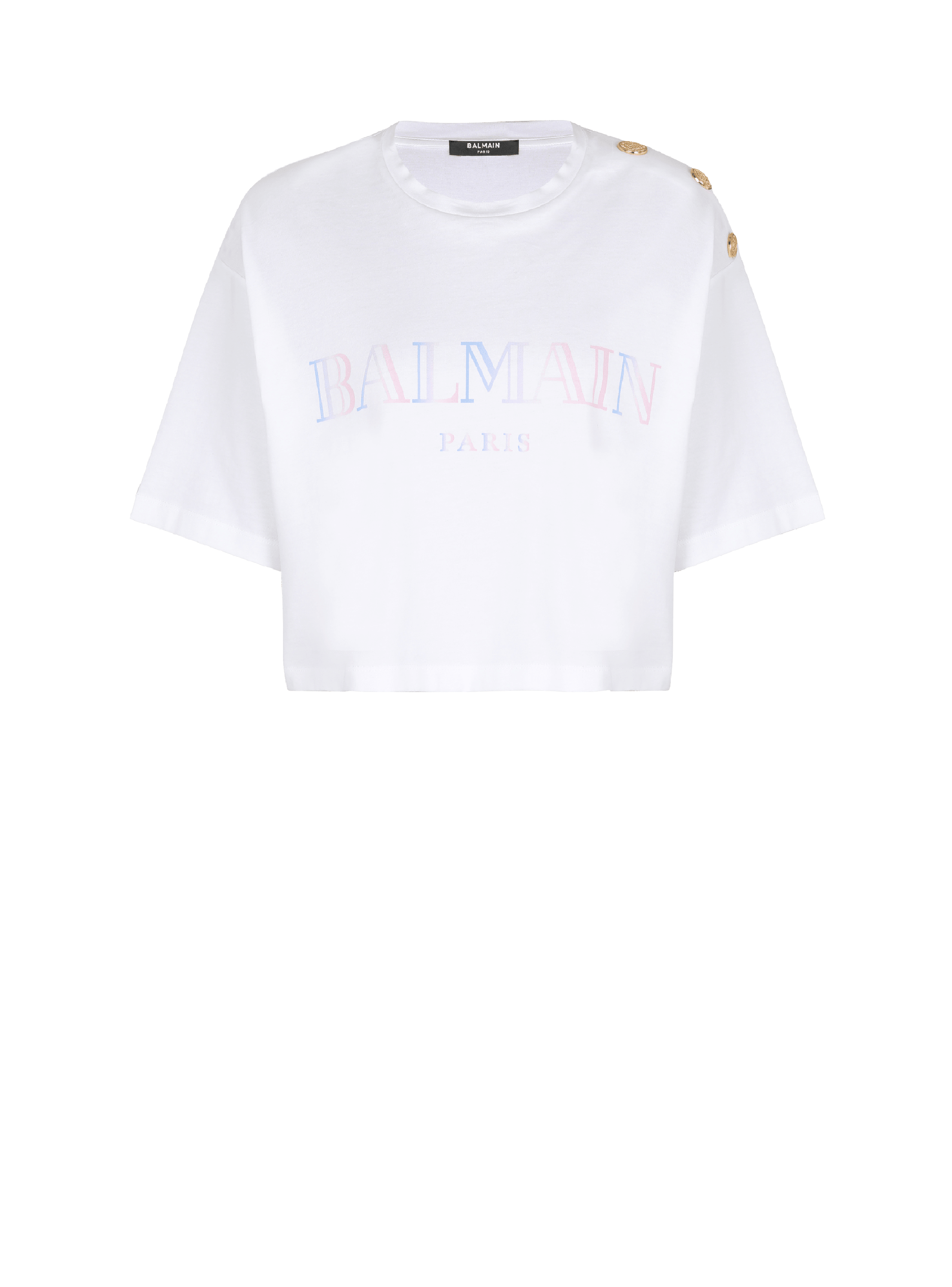 Kurzes T-Shirt mit Balmain-Print im Farbverlauf, WeiB, hi-res