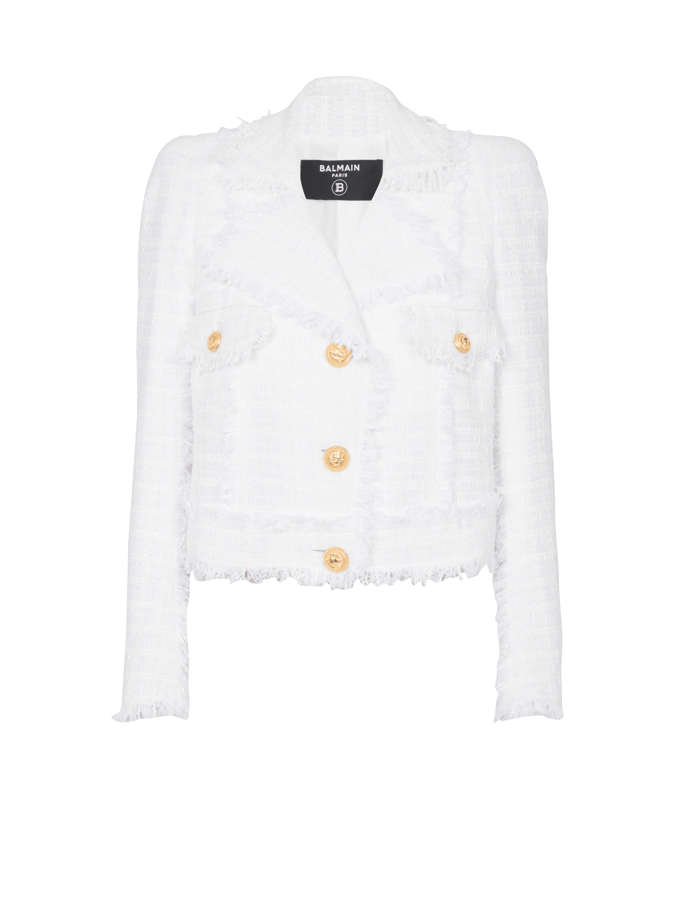 Cotton Blend Tweed Cropped Jacket in White - Balmain