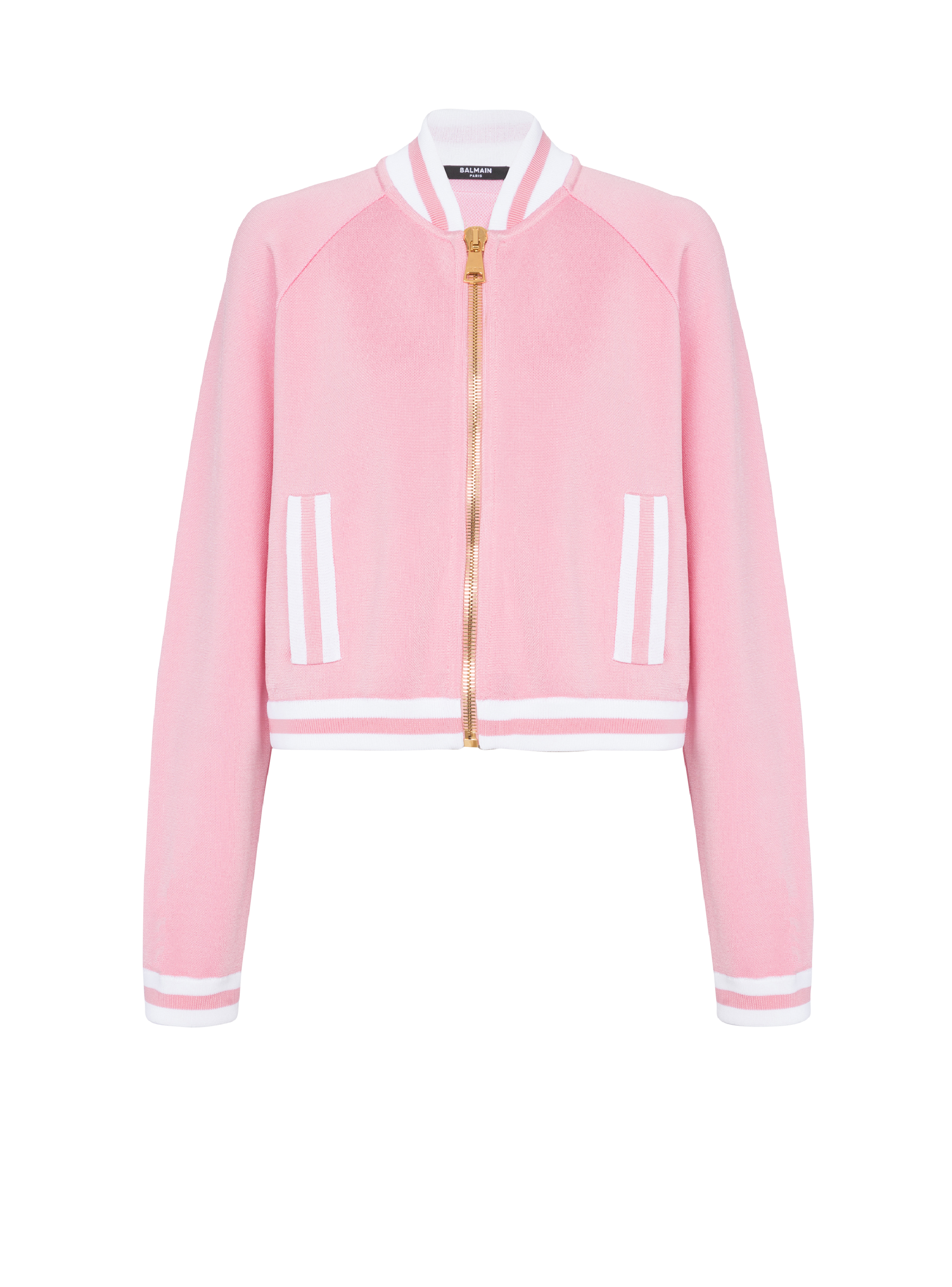 Cropped knitted varsity jacket with striped details, pink, hi-res