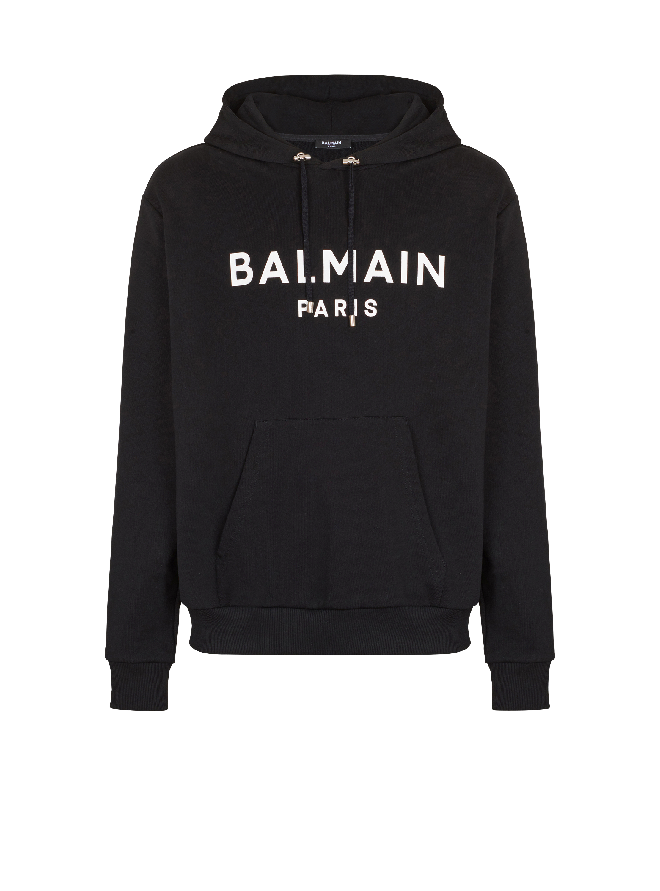 Sudadera con capucha de algodón con logotipo de Balmain estampado, negro, hi-res