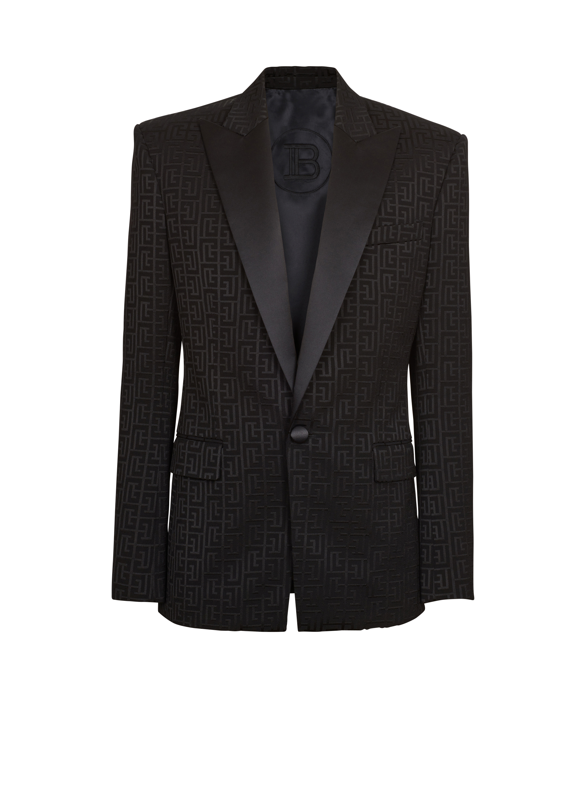 Monogrammed jacquard tuxedo jacket, black, hi-res