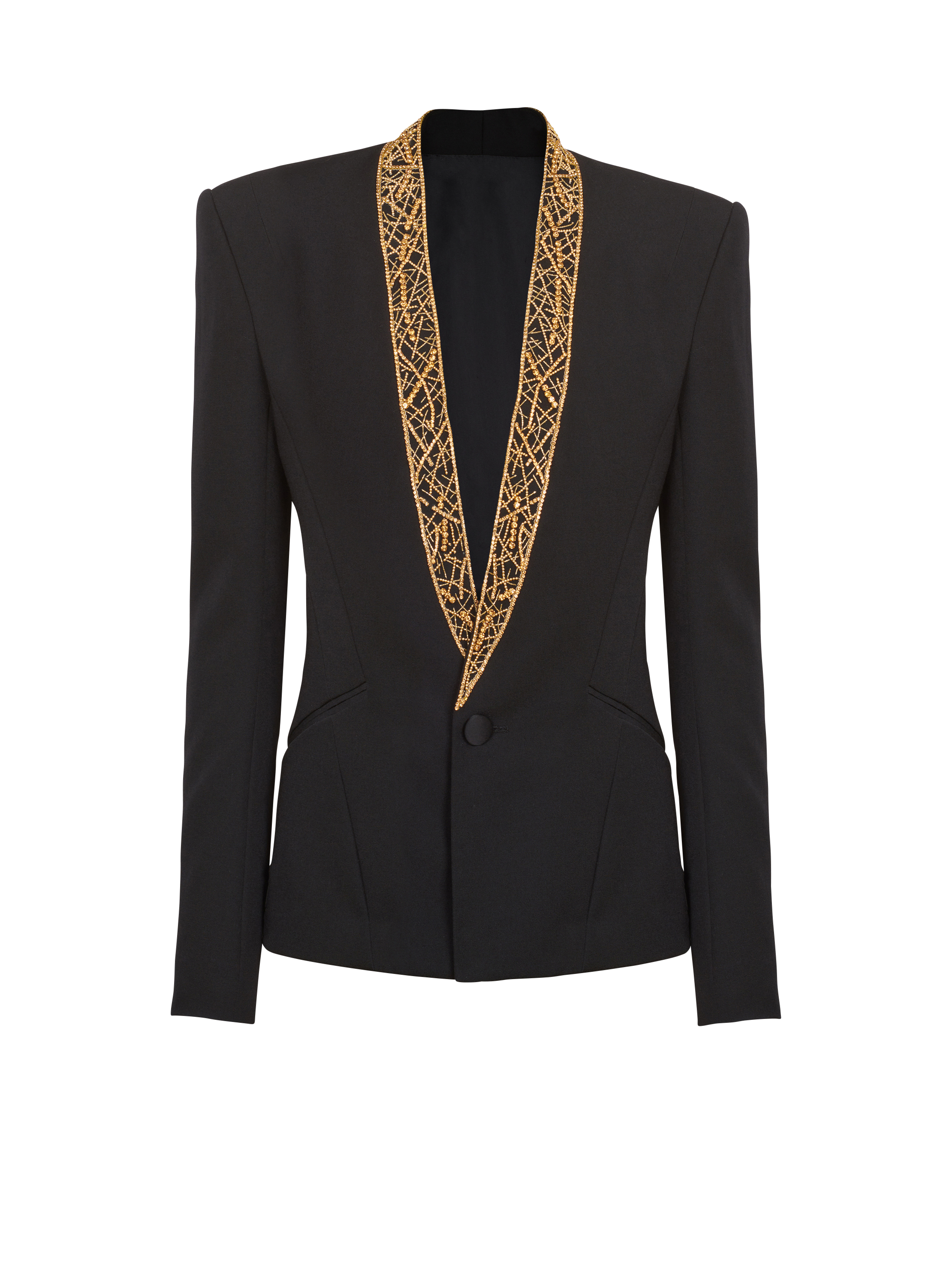 Embroidered collarless jacket, black, hi-res