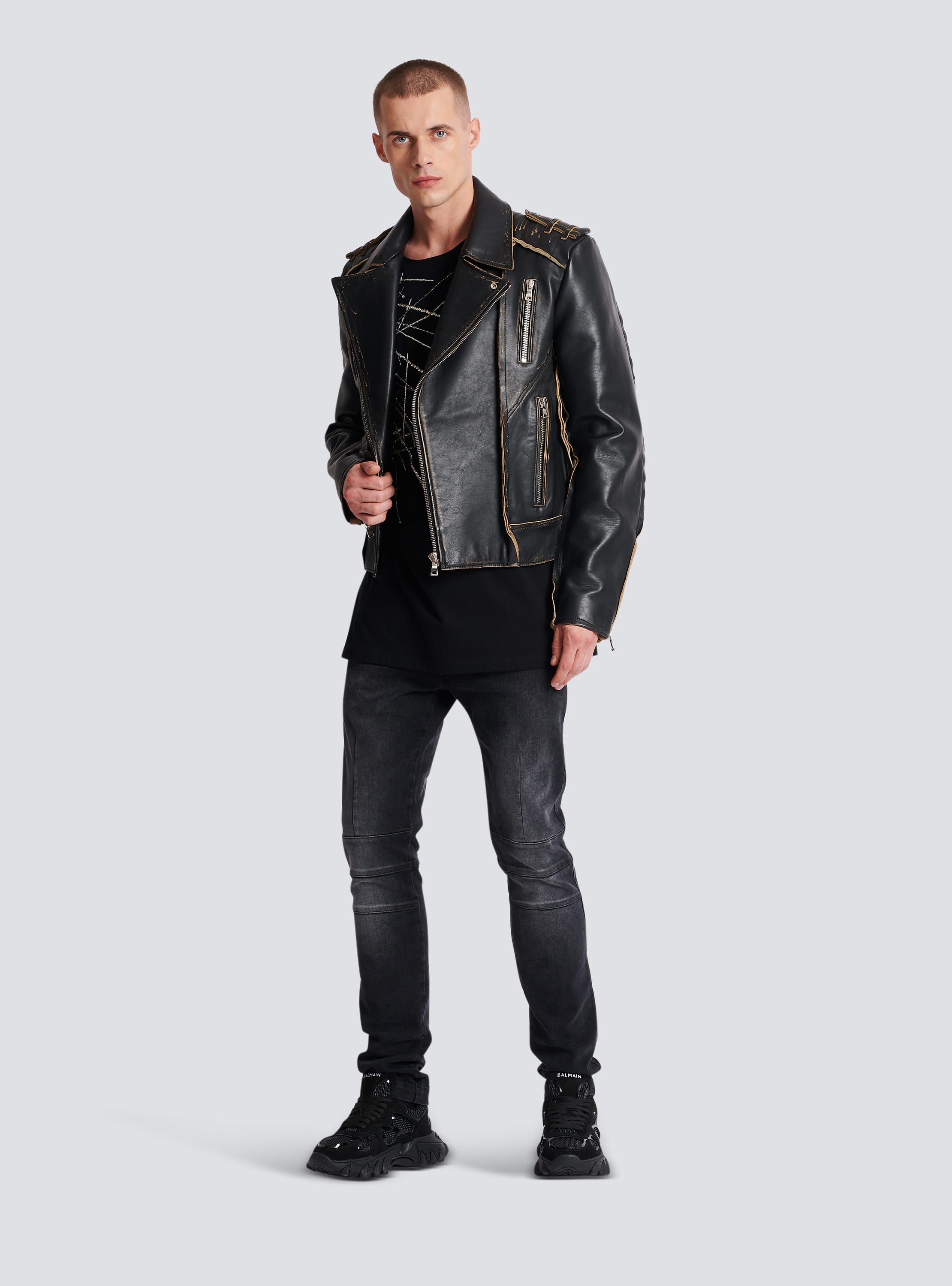 Deconstructed leather biker jacket