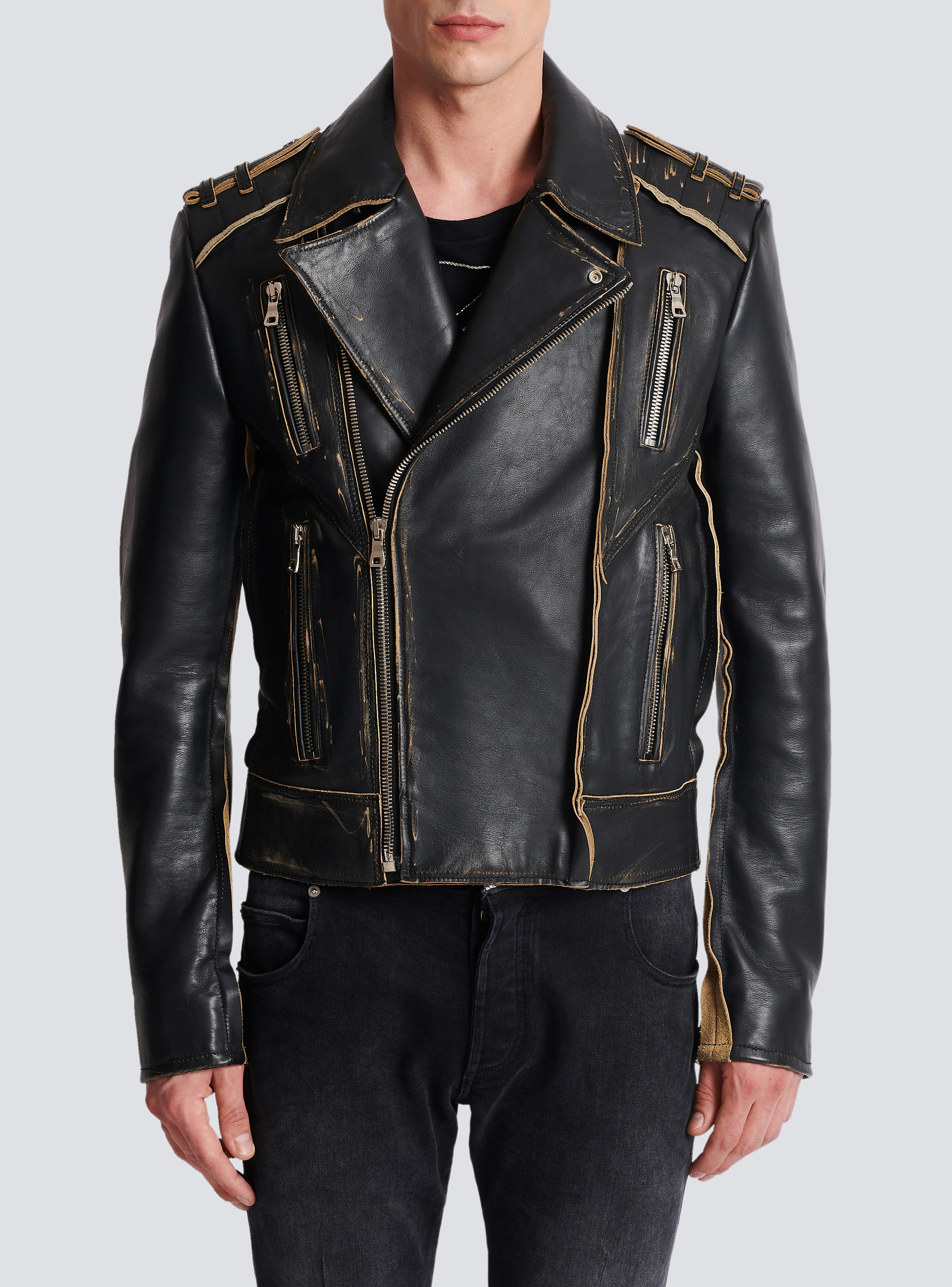 Deconstructed leather biker jacket