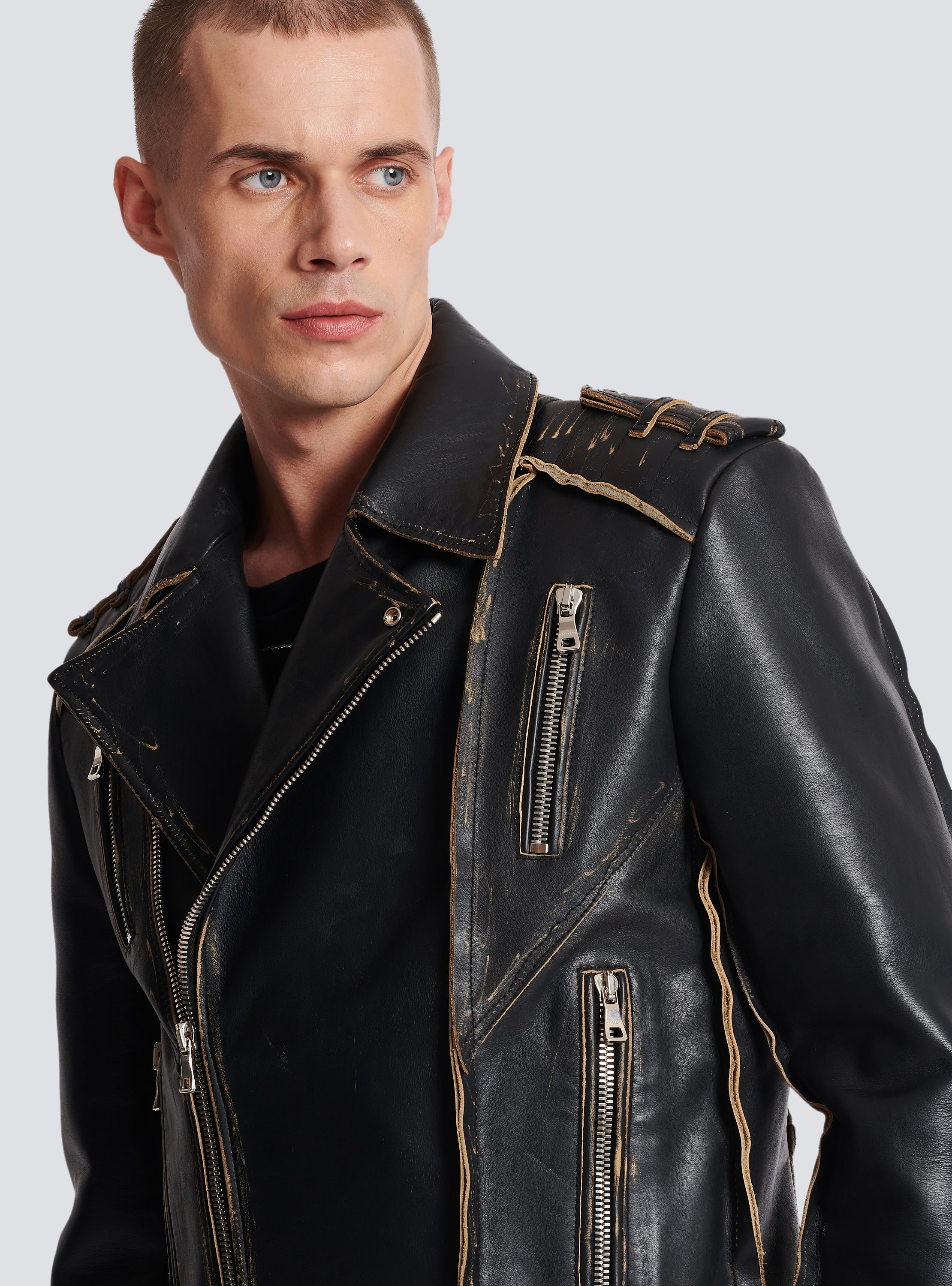 Deconstructed leather biker jacket