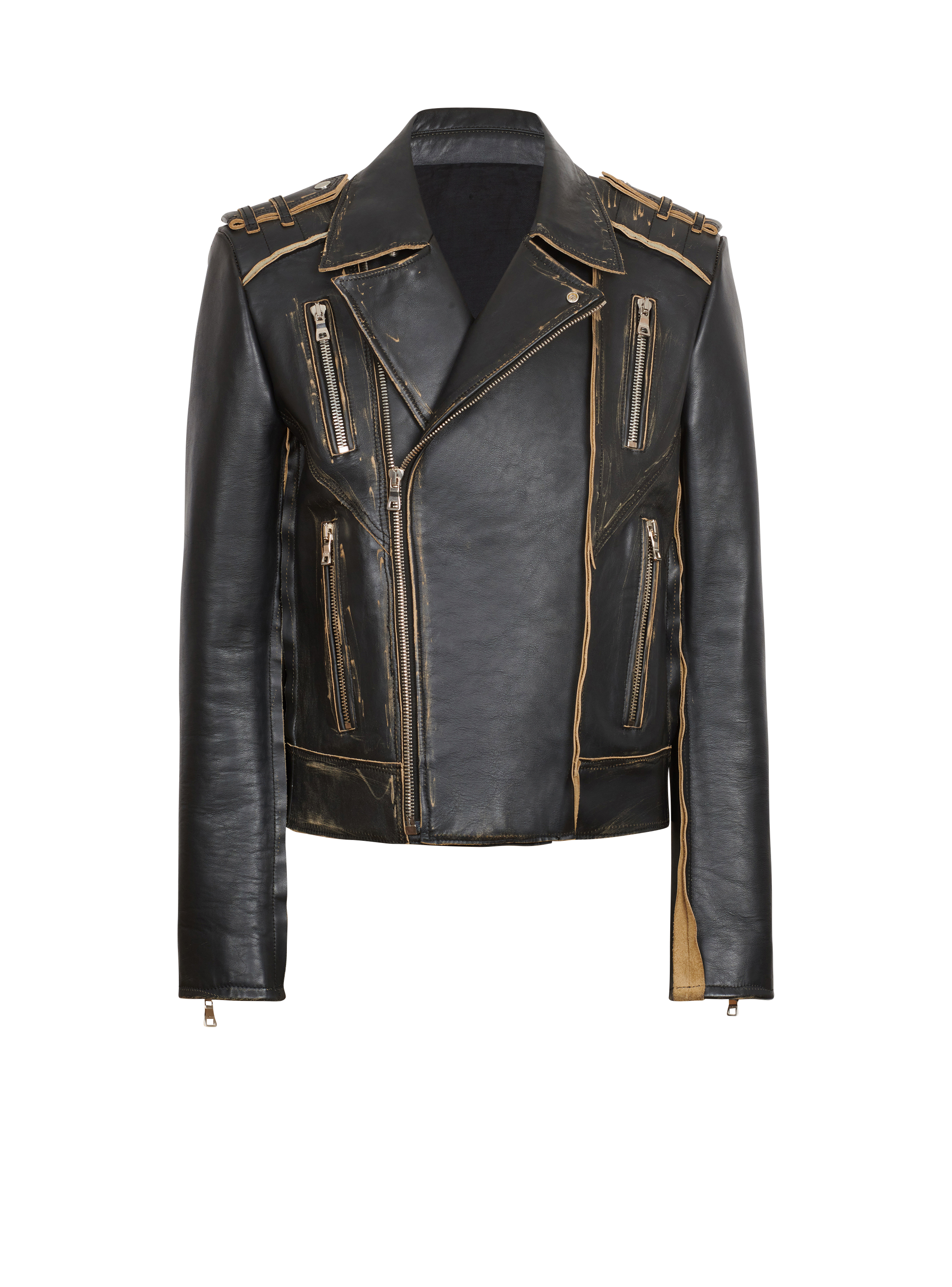 Deconstructed leather biker jacket, black, hi-res