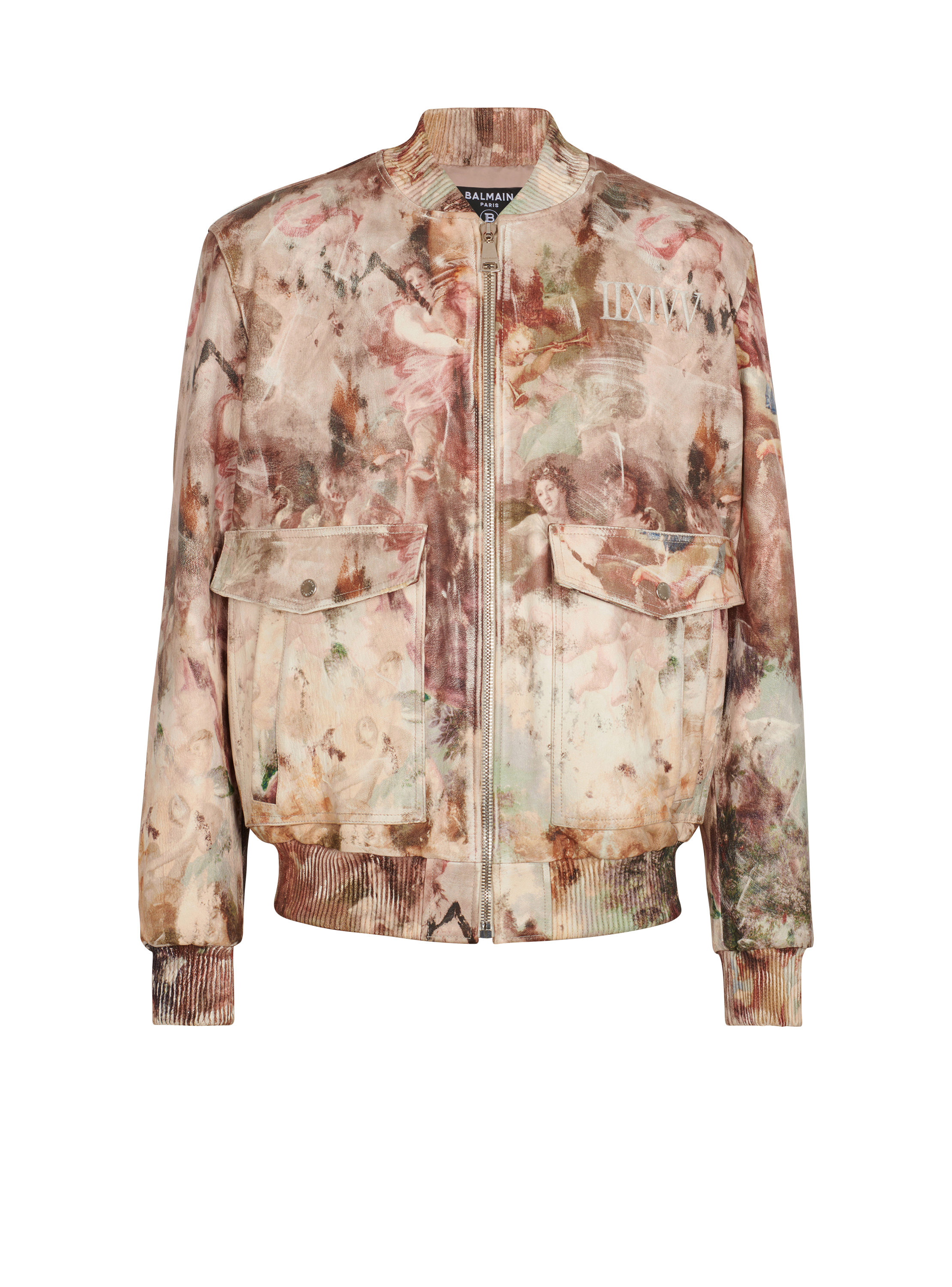 Pastel print leather bomber jacket