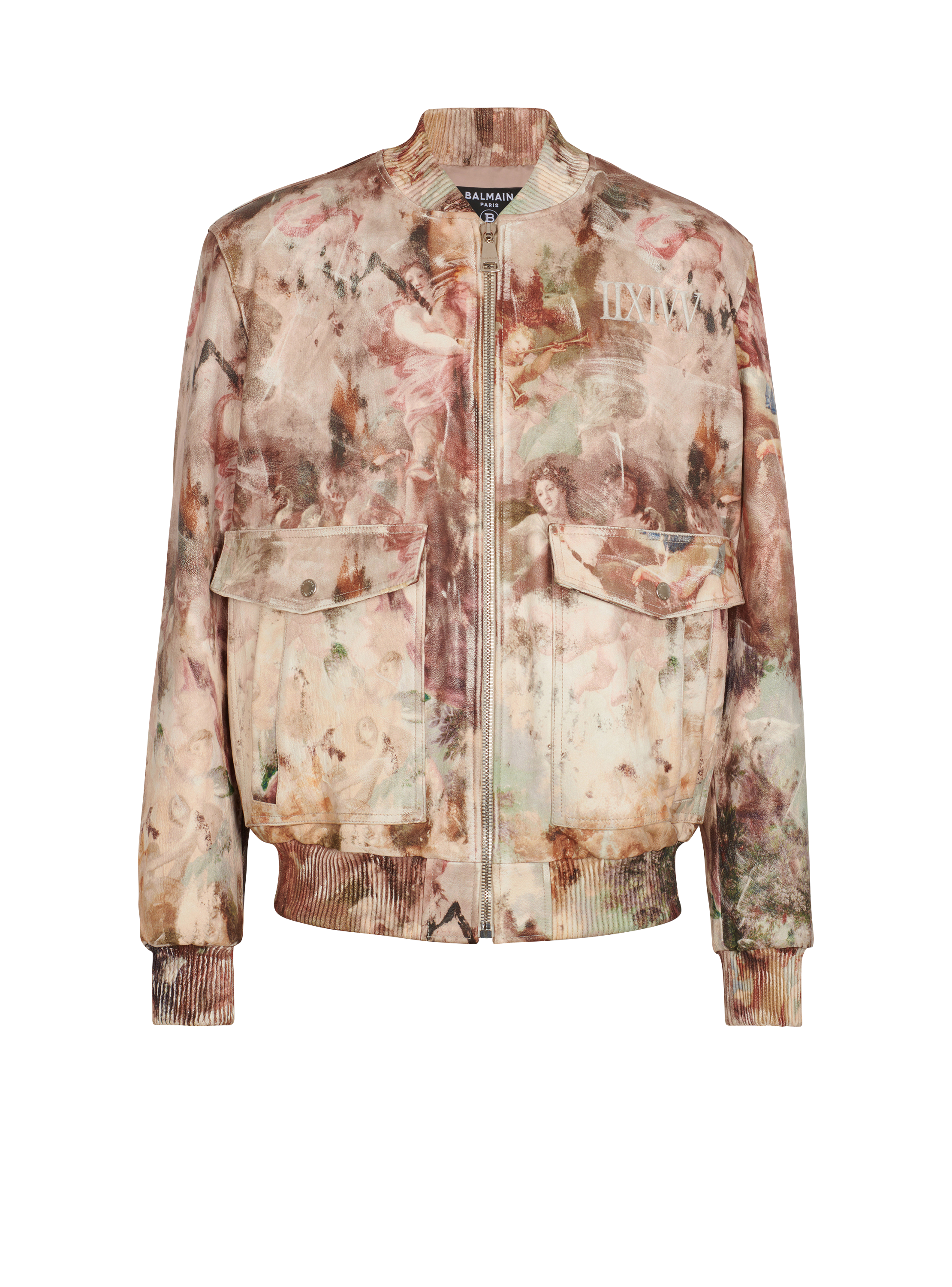 Pastel print leather bomber jacket, multicolor, hi-res