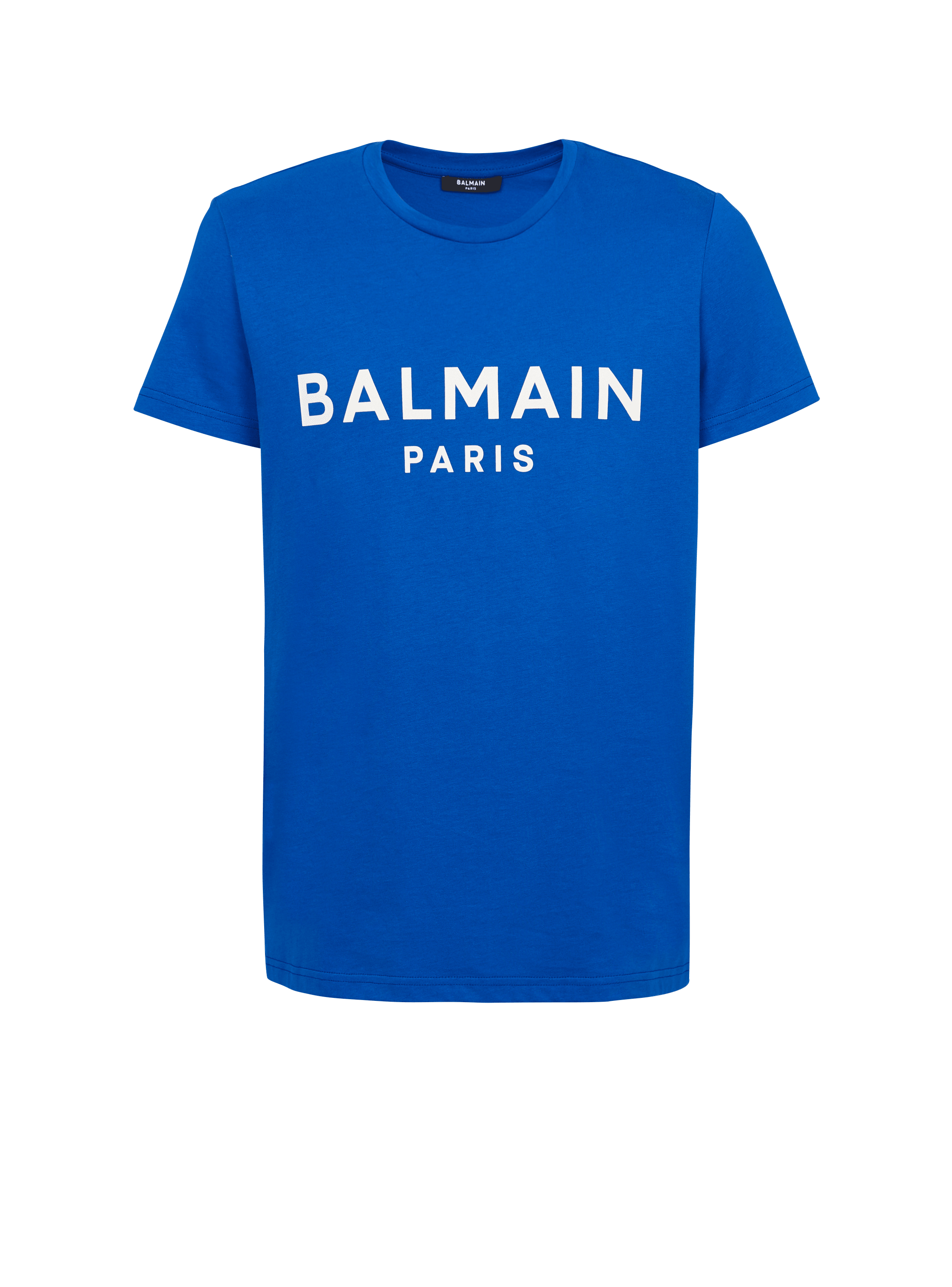 Camiseta de algodón ecológico con el logotipo de Balmain estampado, azul, hi-res