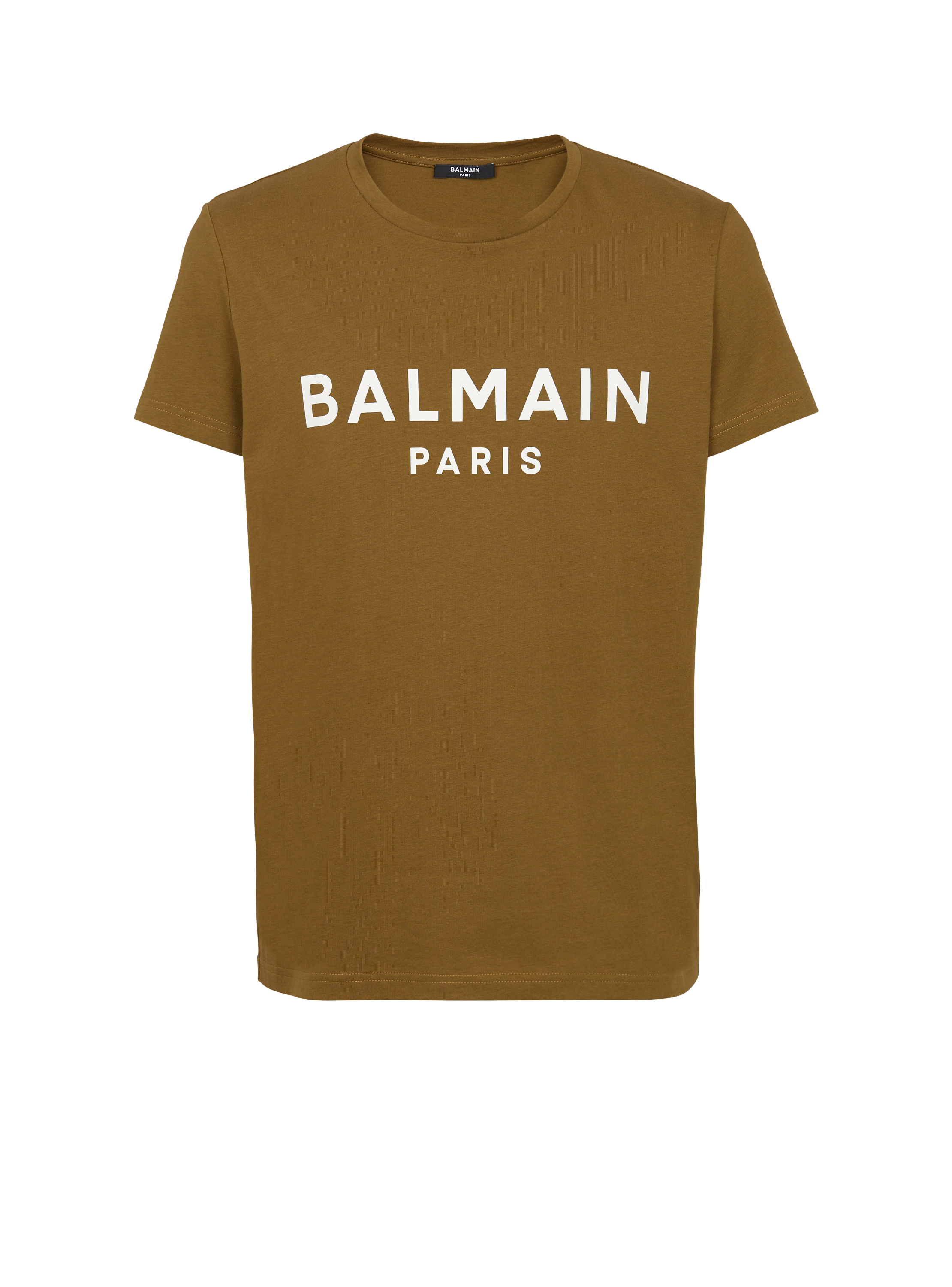 T-shirt en coton éco-responsable imprimé logo Balmain, kaki, hi-res