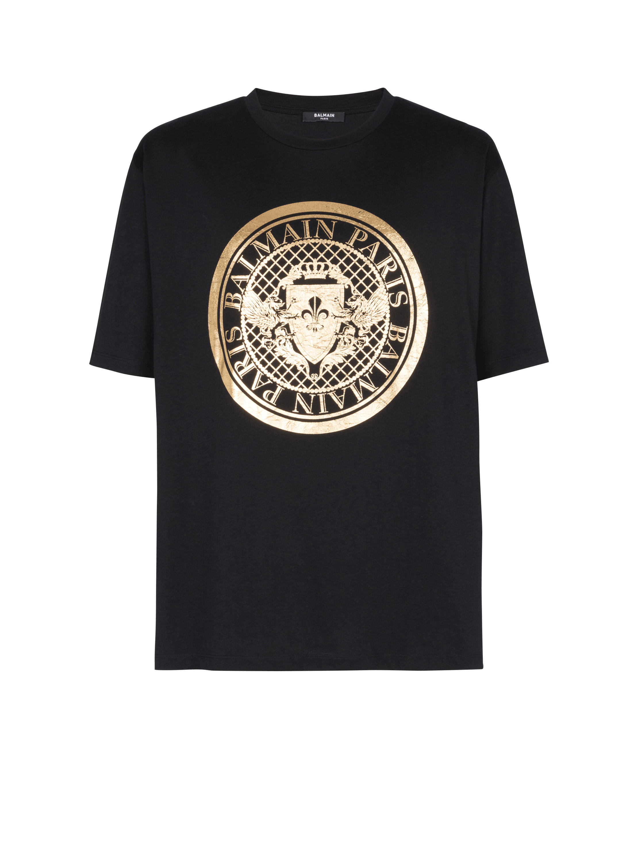 cotton T-shirt with metallic coin logo print gold - Men | BALMAIN