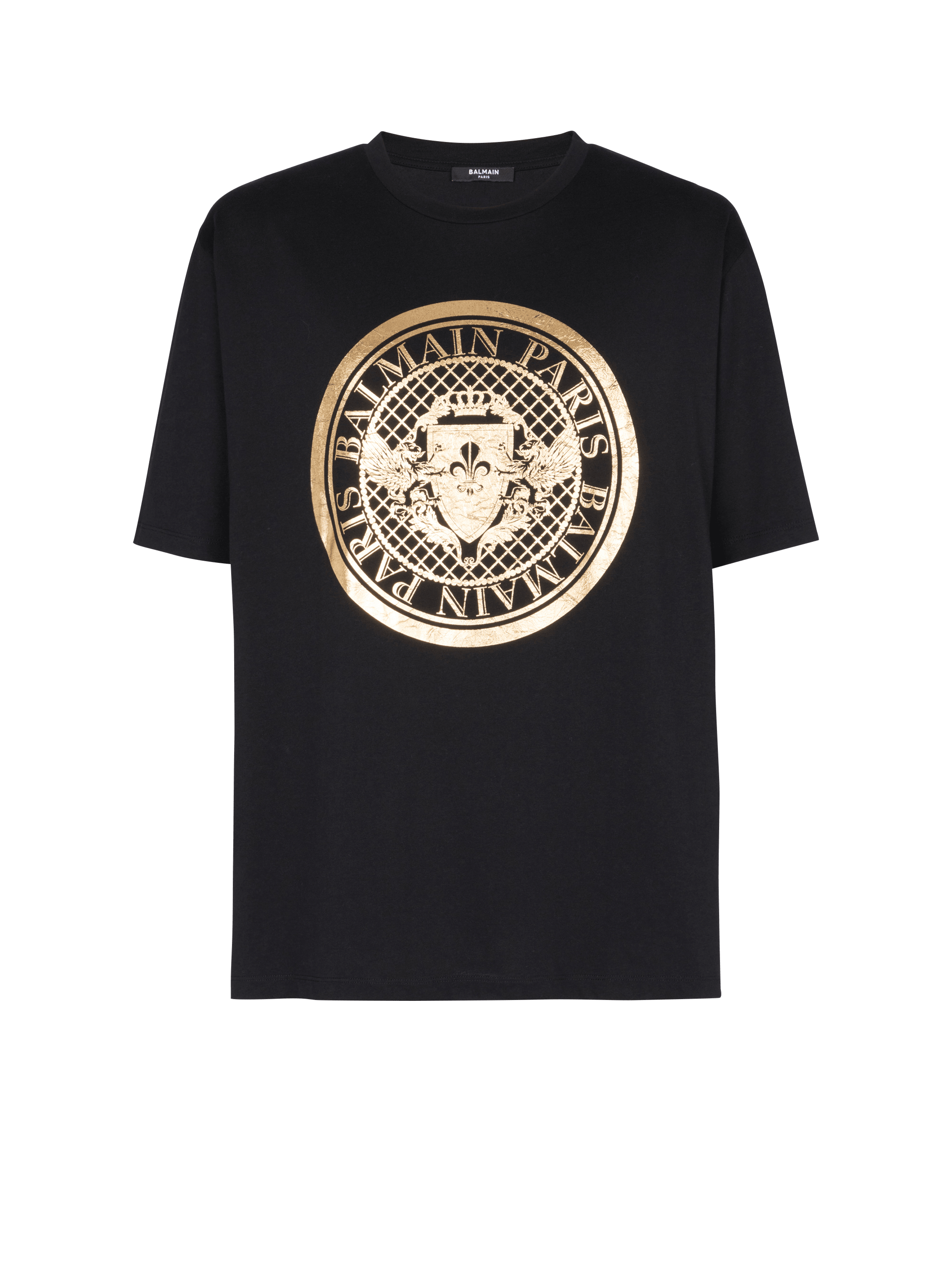 Cotton T-shirt with metallic coin logo print, gold, hi-res