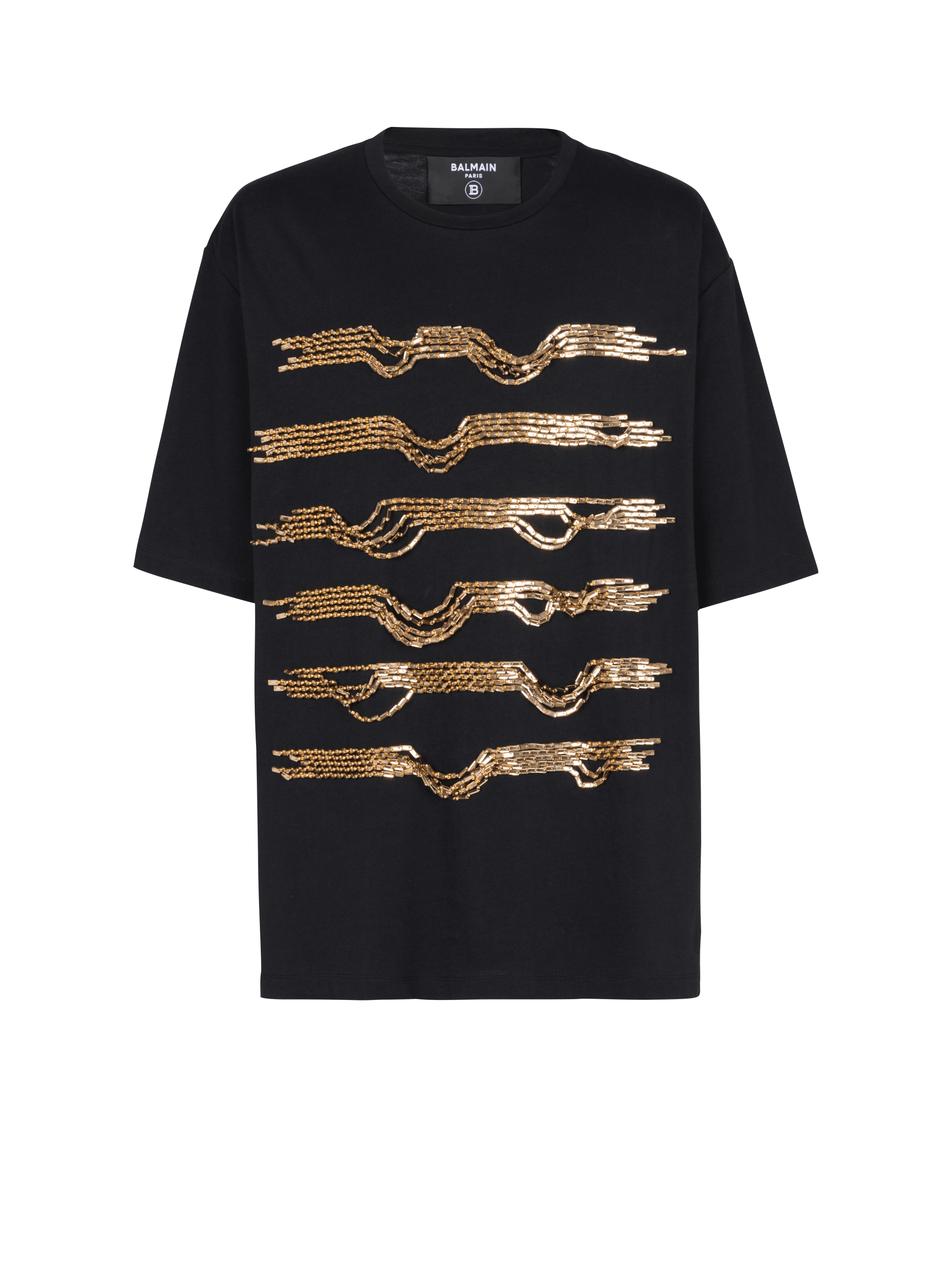 Oversized embroidered cotton T-shirt with destroy stripes