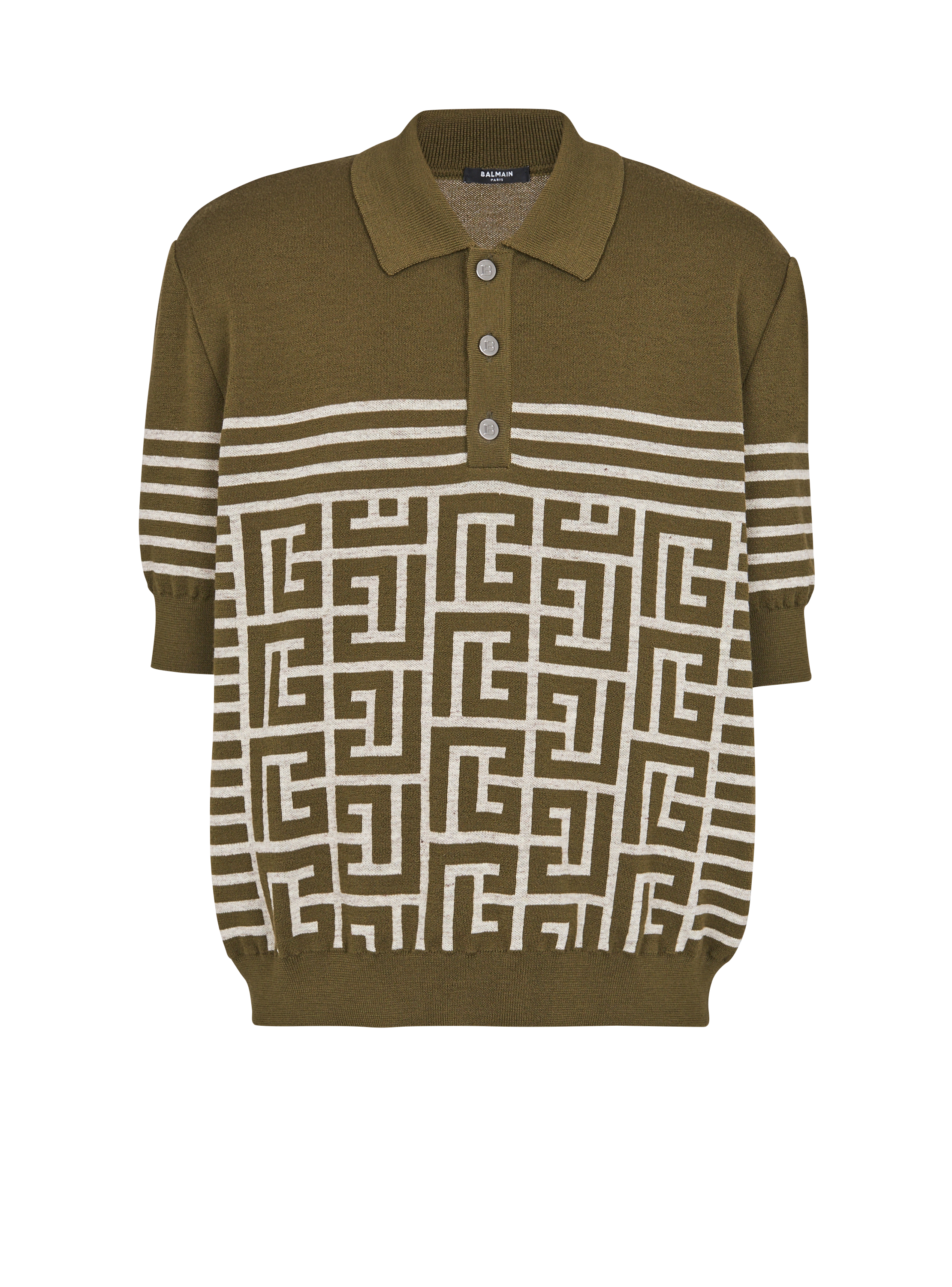 Wool polo shirt with monogram and stripes, khaki, hi-res