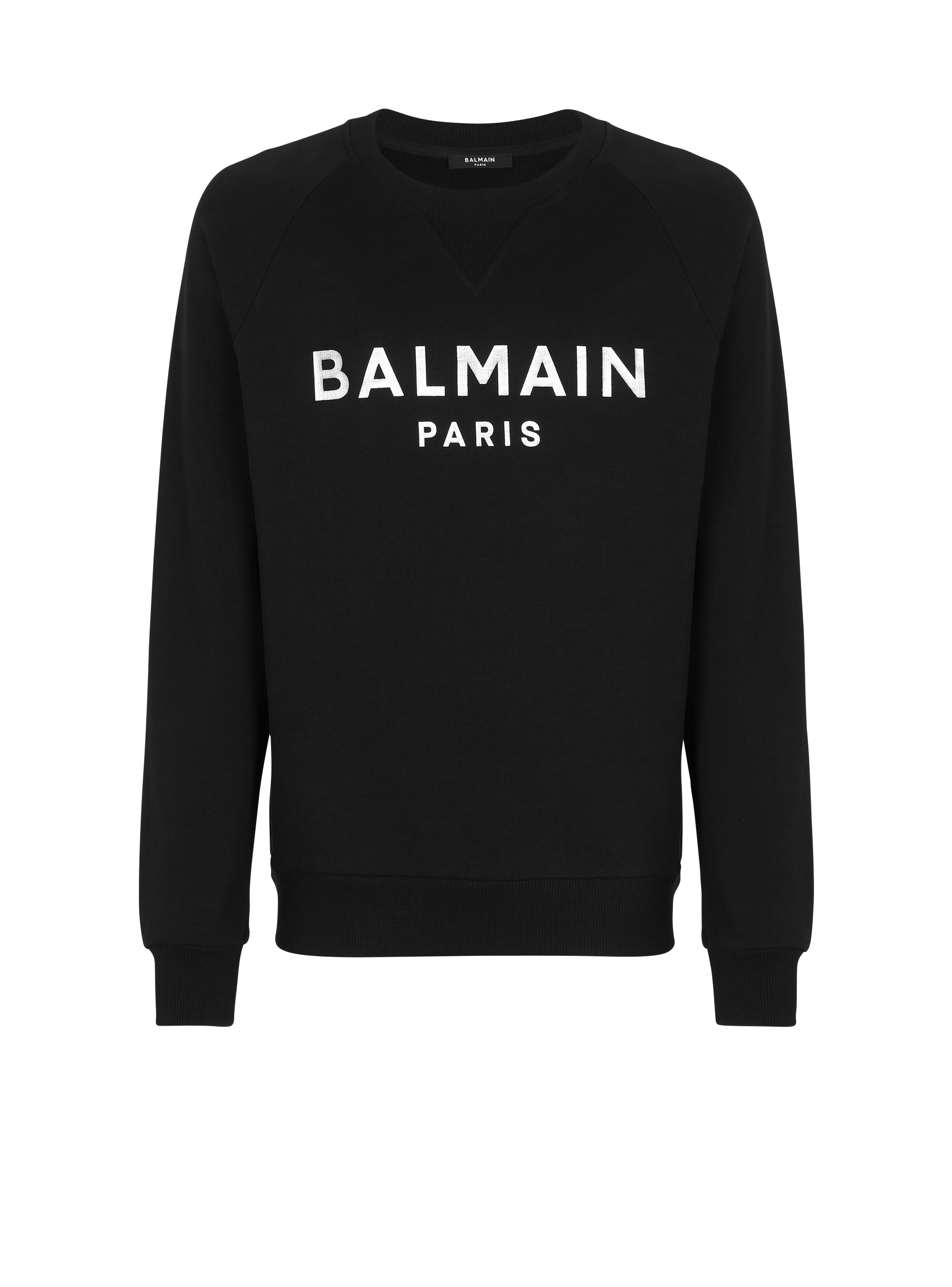 Sweatshirt in eco-responsible cotton with Balmain metallic logo print, black, hi-res