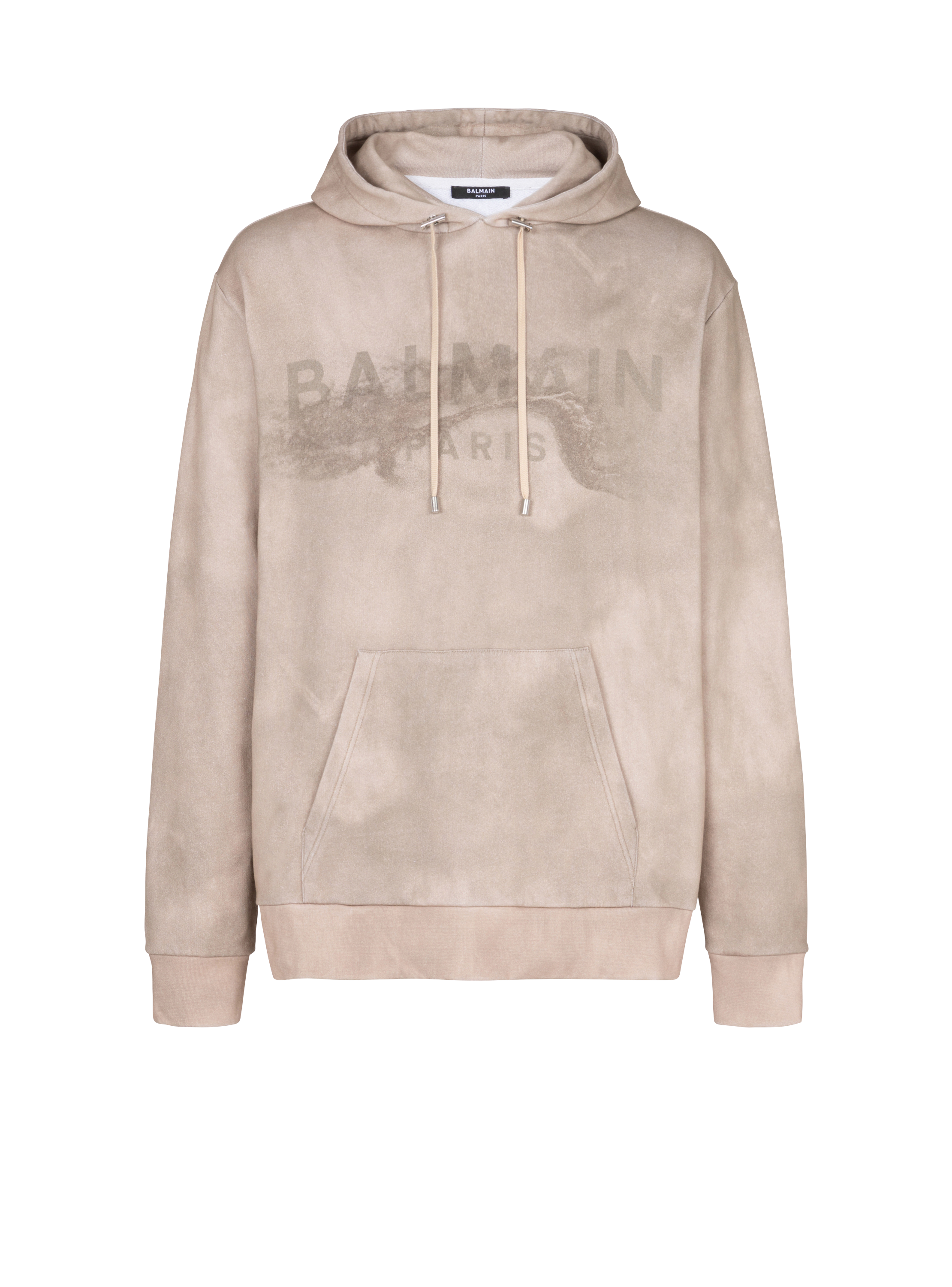Sweat à capuche en coton éco-responsable imprimé logo Balmain Paris désert, beige, hi-res