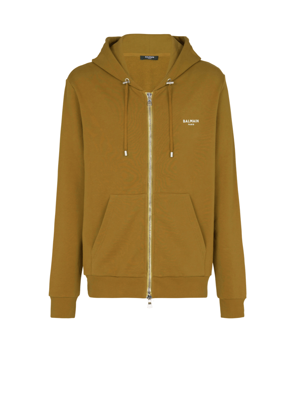 Cotton hoodie in eco-responsible cotton with flocked Balmain logo, khaki, hi-res