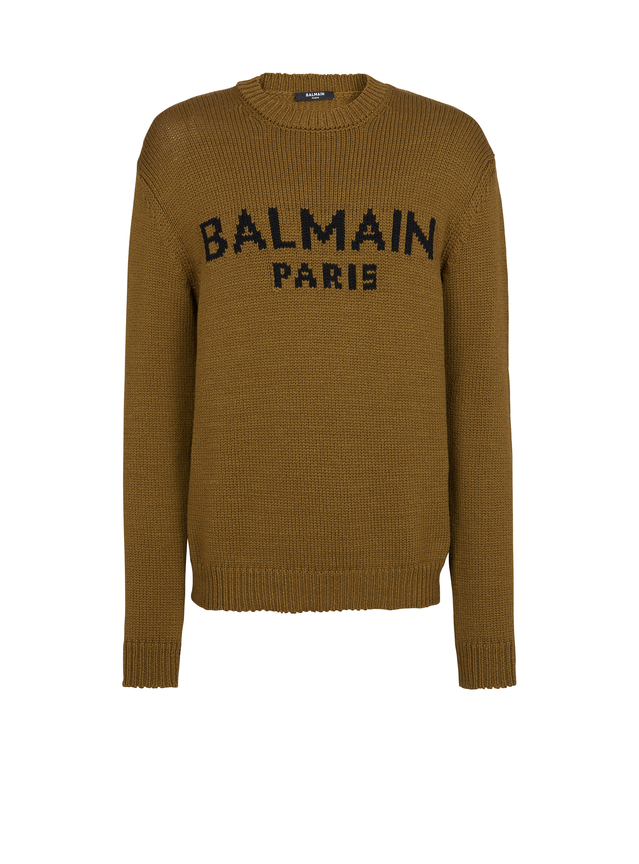 Pullover in lana con logo Balmain, kaki, hi-res