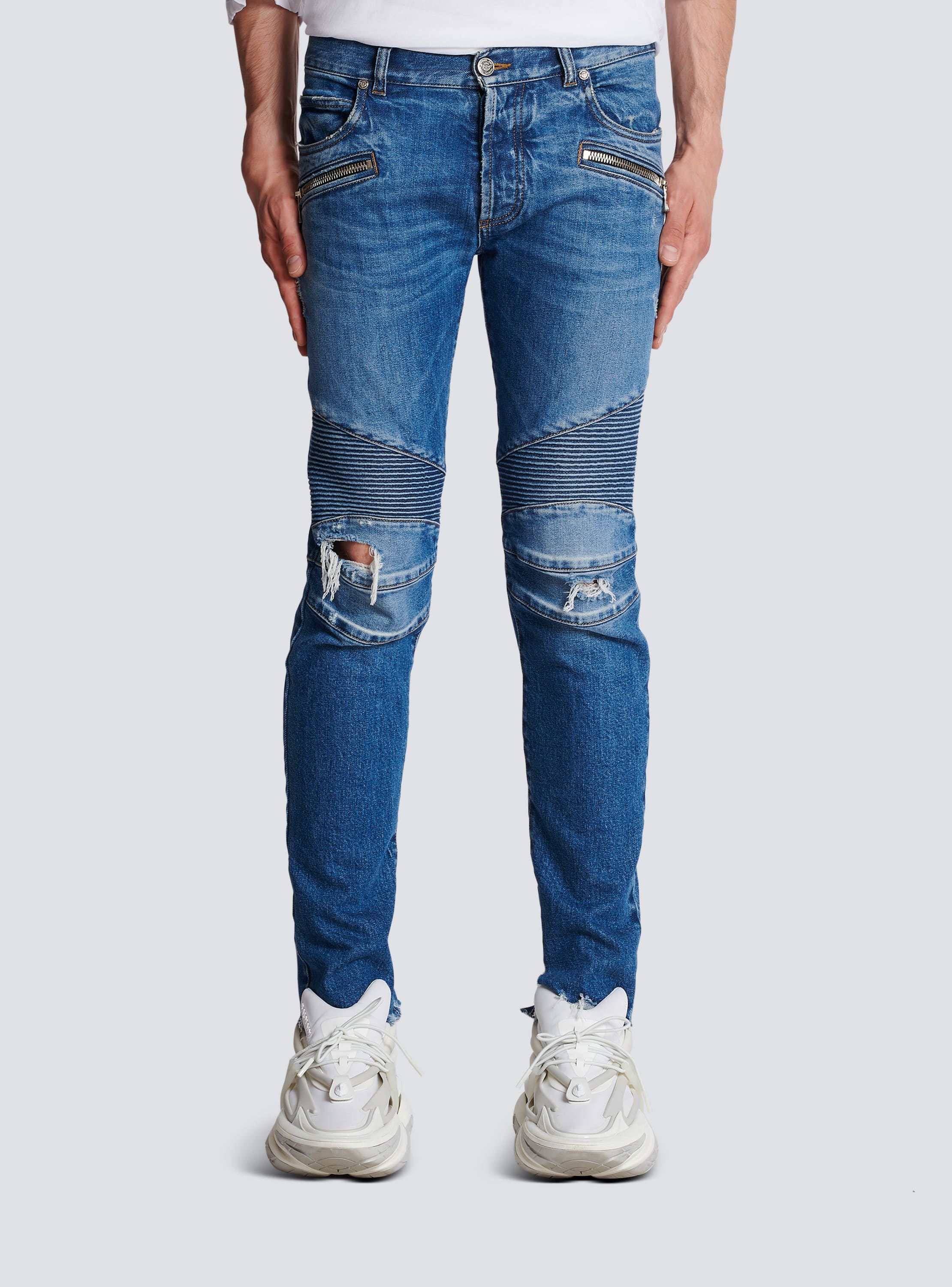 Balmain Men's Blue Slim-cut Faded Biker Jeans, Brand Size 32