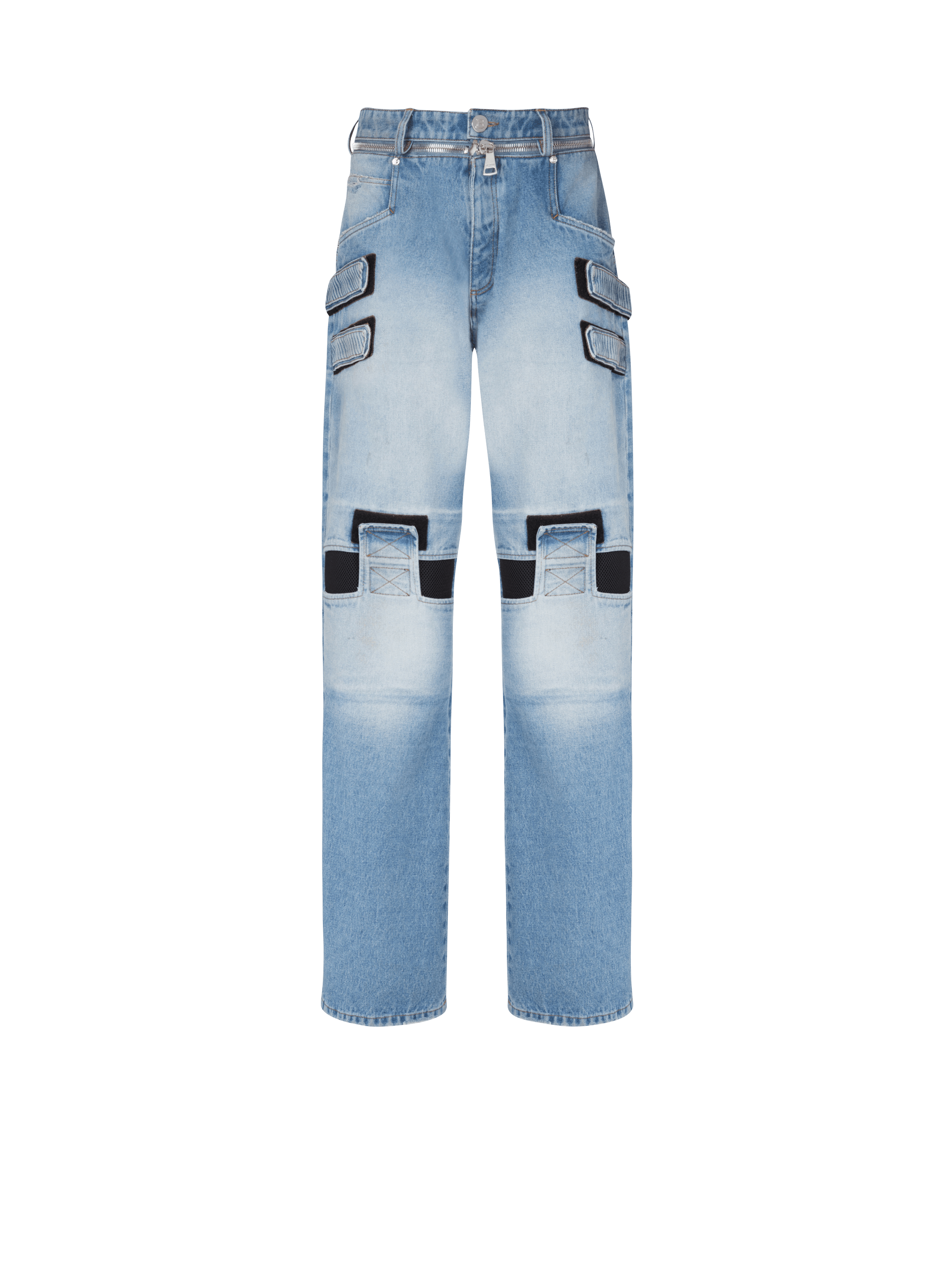 Faded Wide-leg Cotton Jeans With Velcro Strips Blue Men