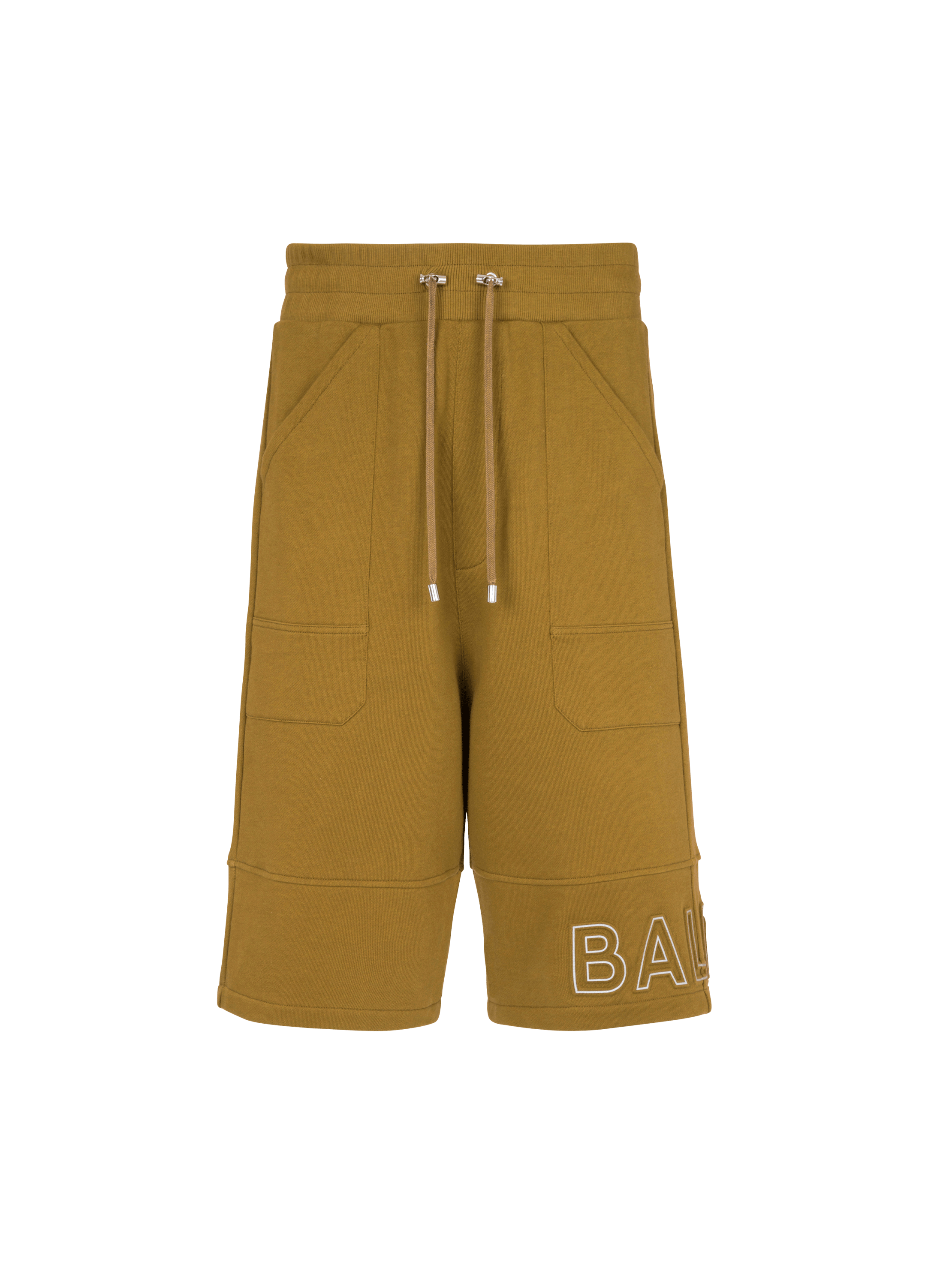 Bermuda shorts in eco-responsible cotton with reflective Balmain logo, khaki, hi-res