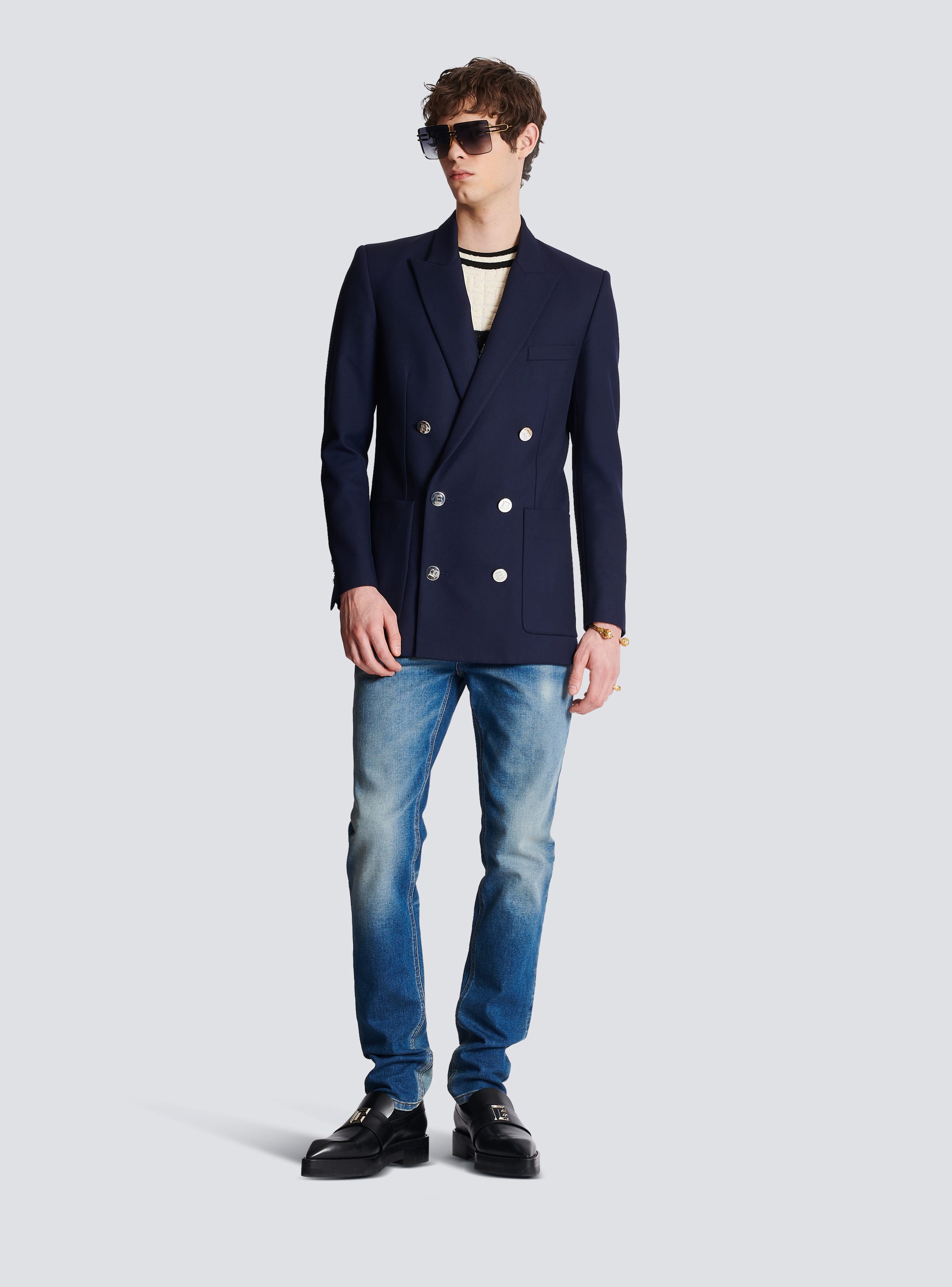 Balmain light blue blazer best sale