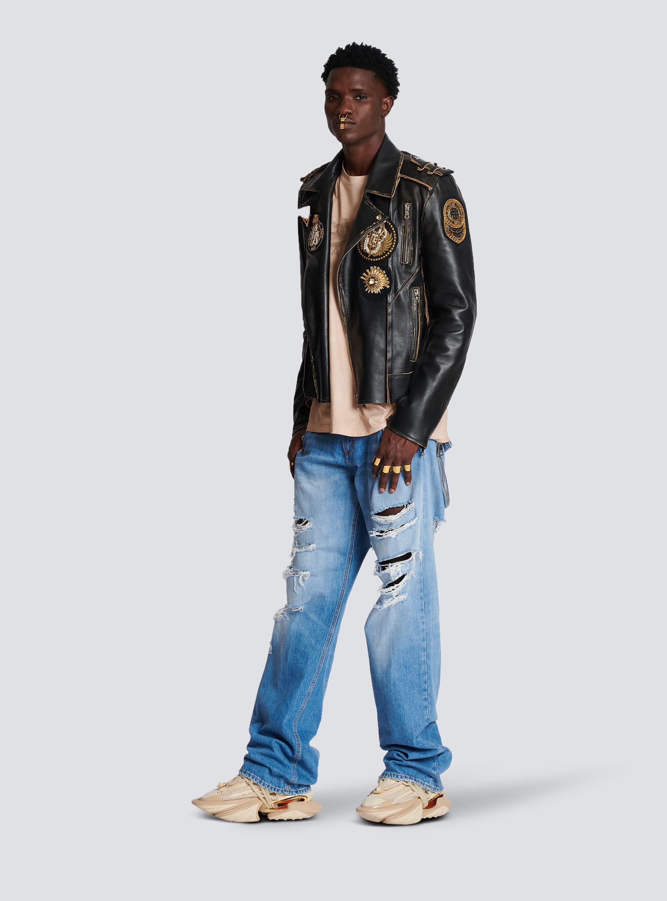 Leather biker jacket with embroidered badges - Men | BALMAIN