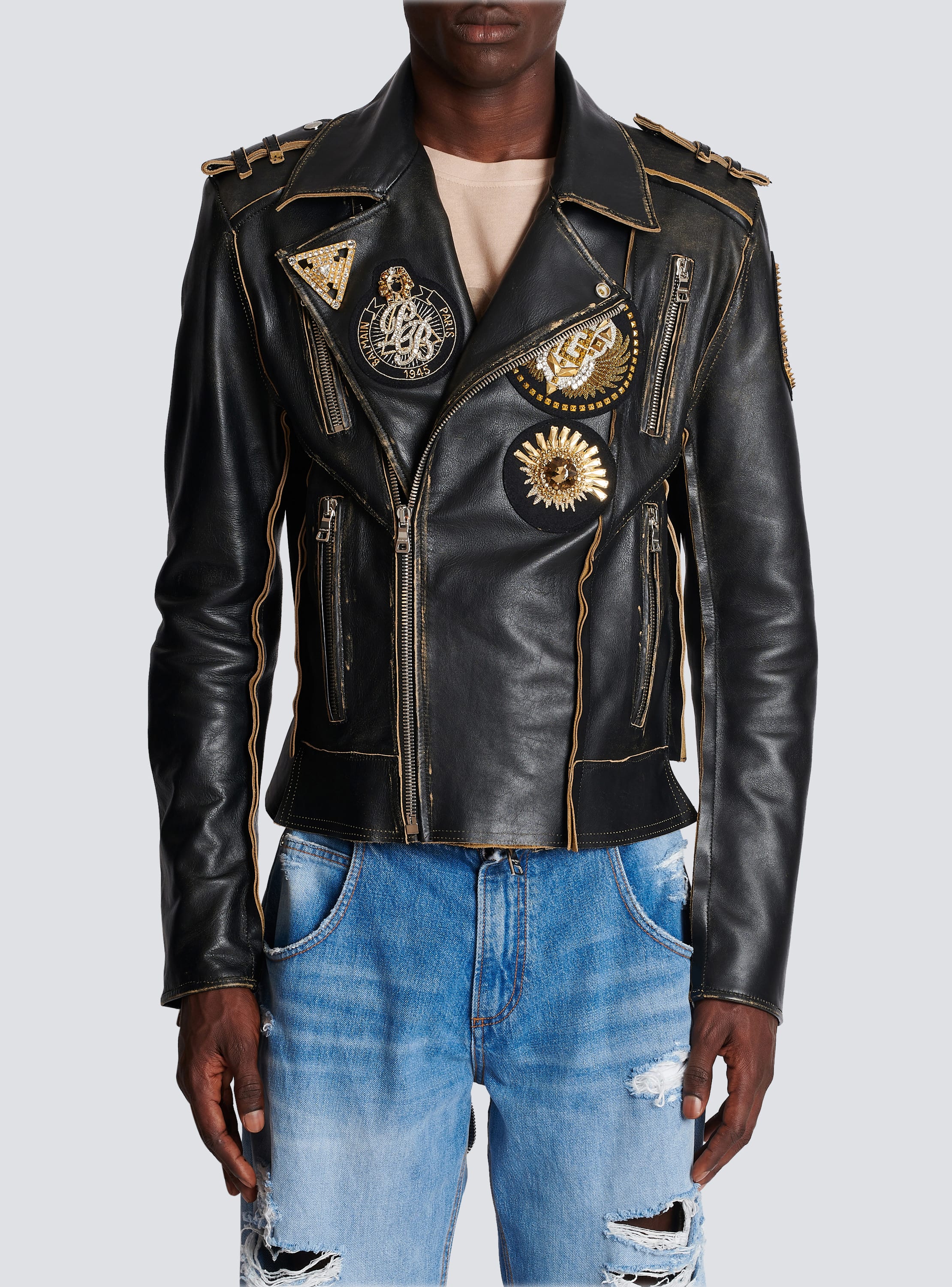 Leather biker jacket with badges - Men BALMAIN