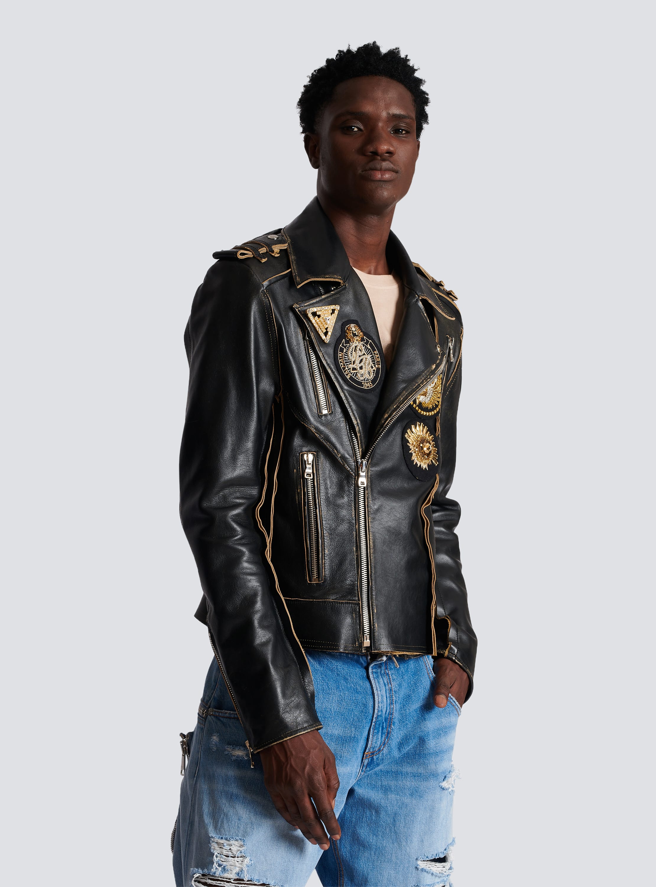 Leather biker jacket embroidered badges black - Men | BALMAIN