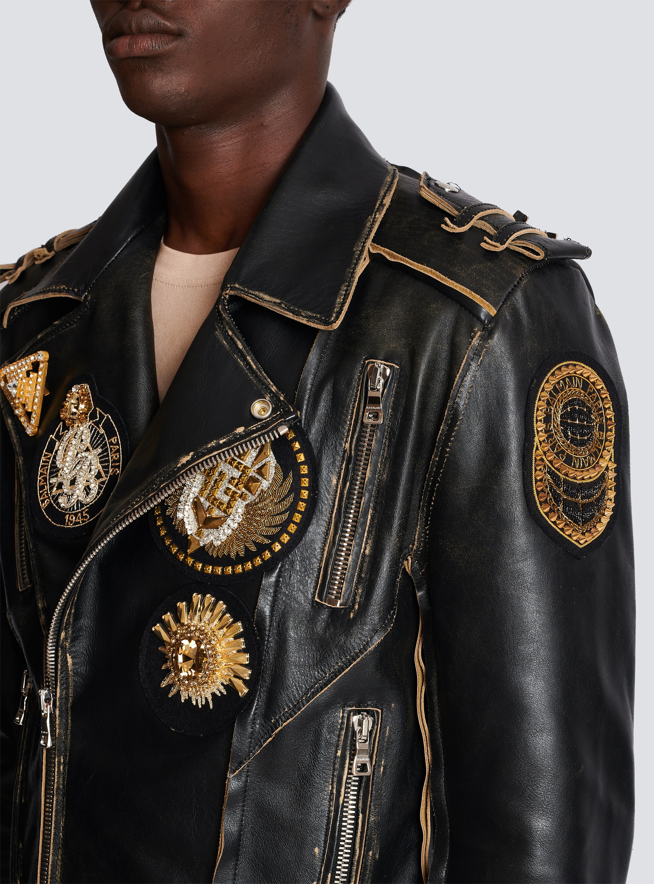 Leather biker jacket with embroidered badges black - Men | BALMAIN