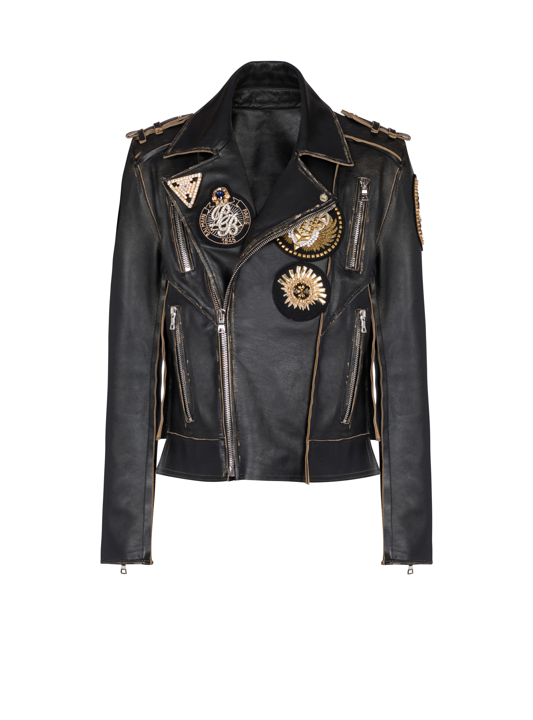 Green Lambskin Embroidery Patches Genuine Leather Moto Biker Jacket