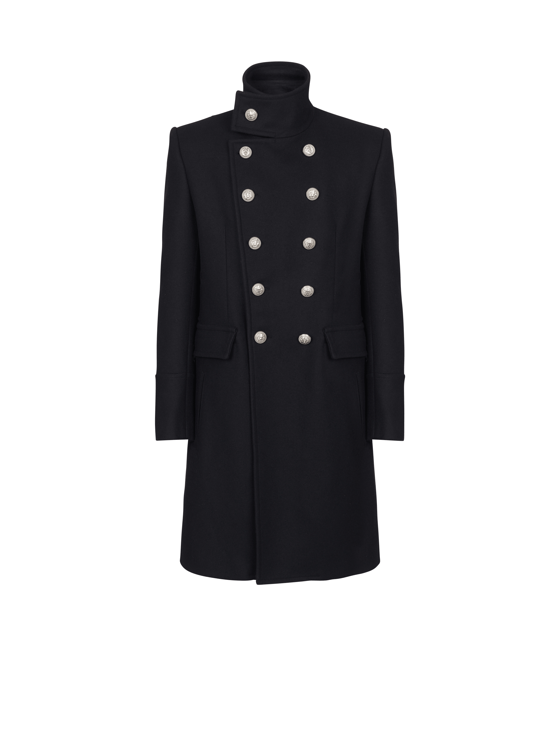 Long wool military style coat, black, hi-res