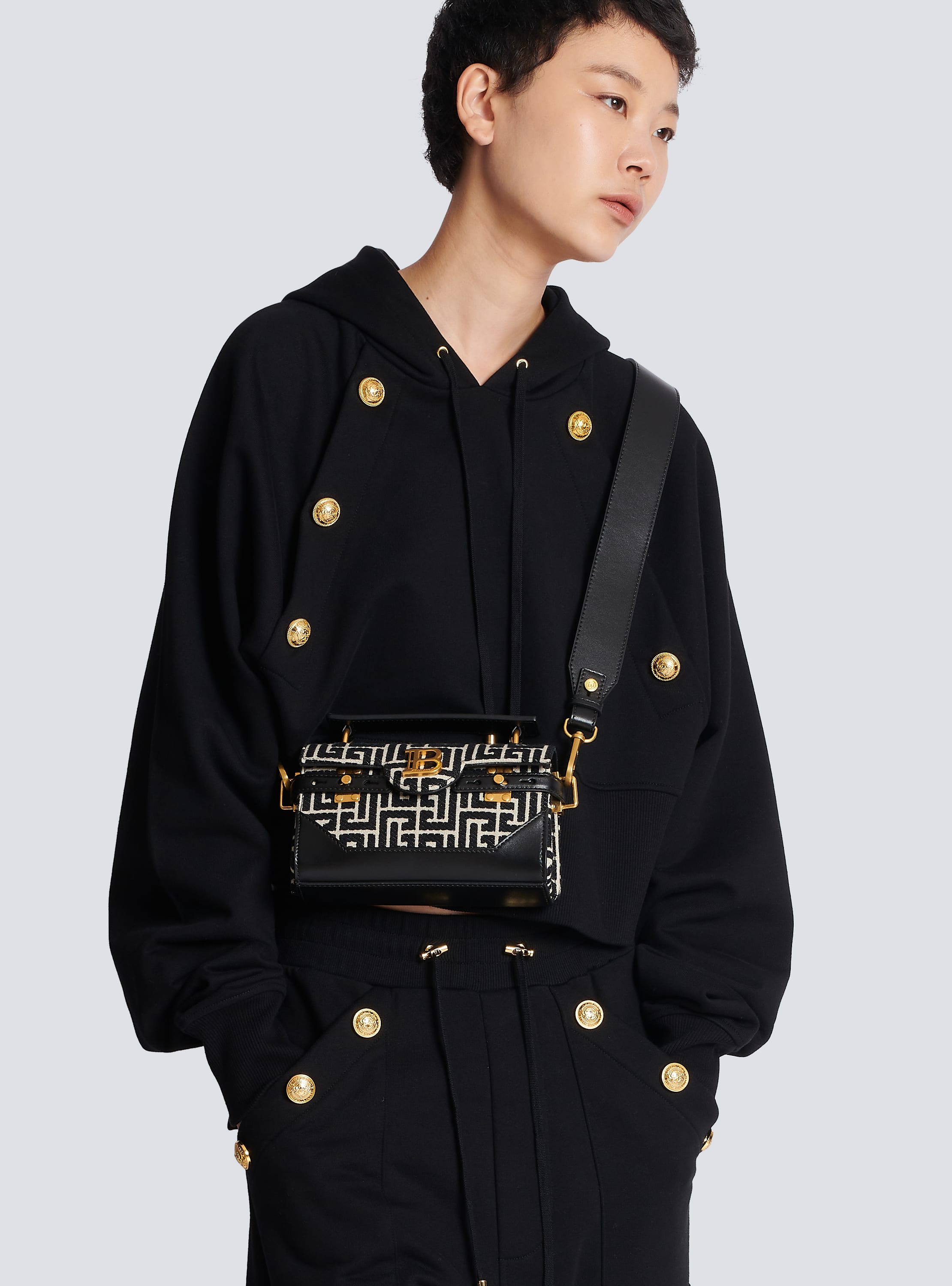 Balmain B-buzz 19 Monogram Fabric Bag in Black