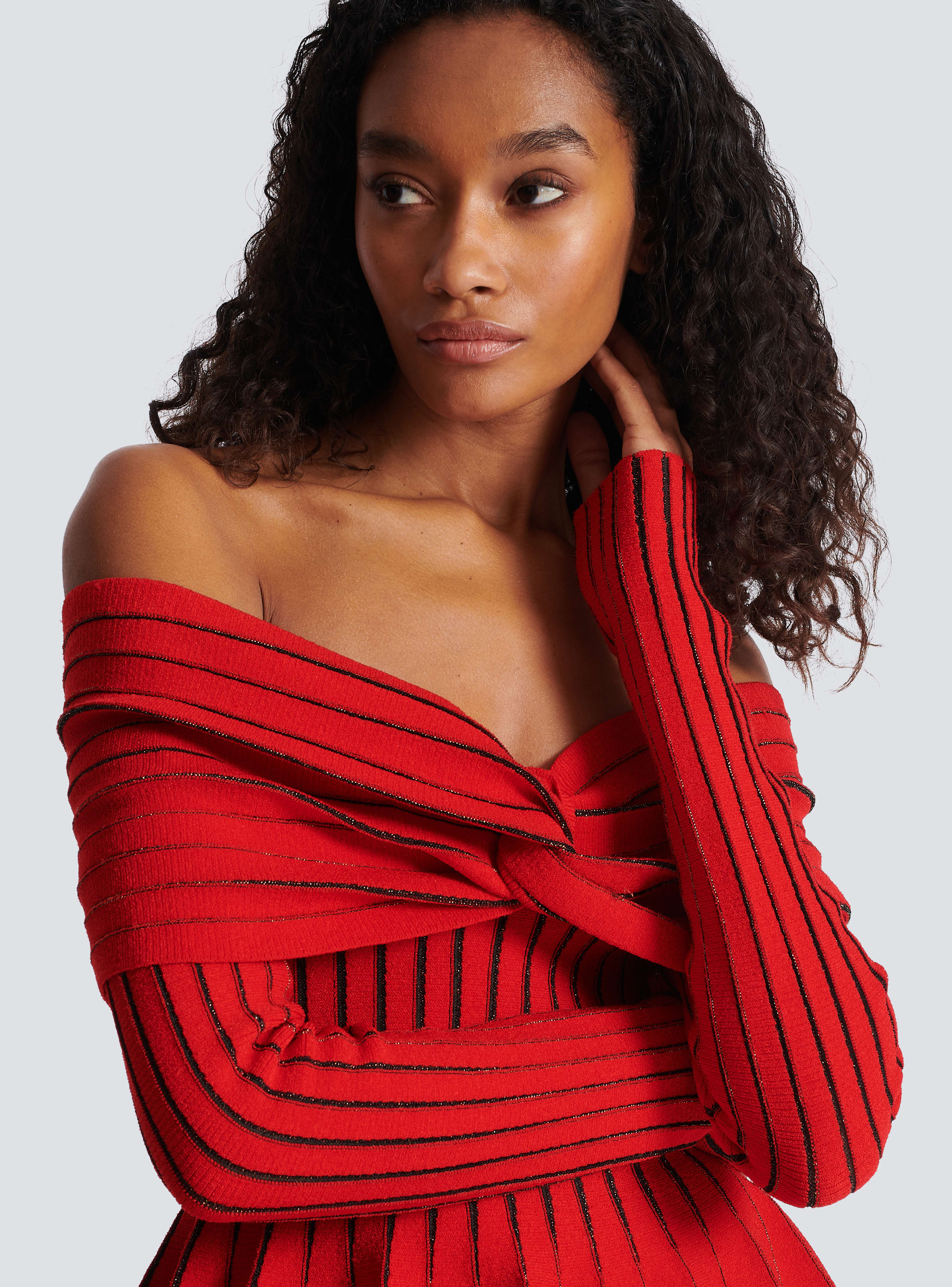 Red off the discount shoulder top long sleeve