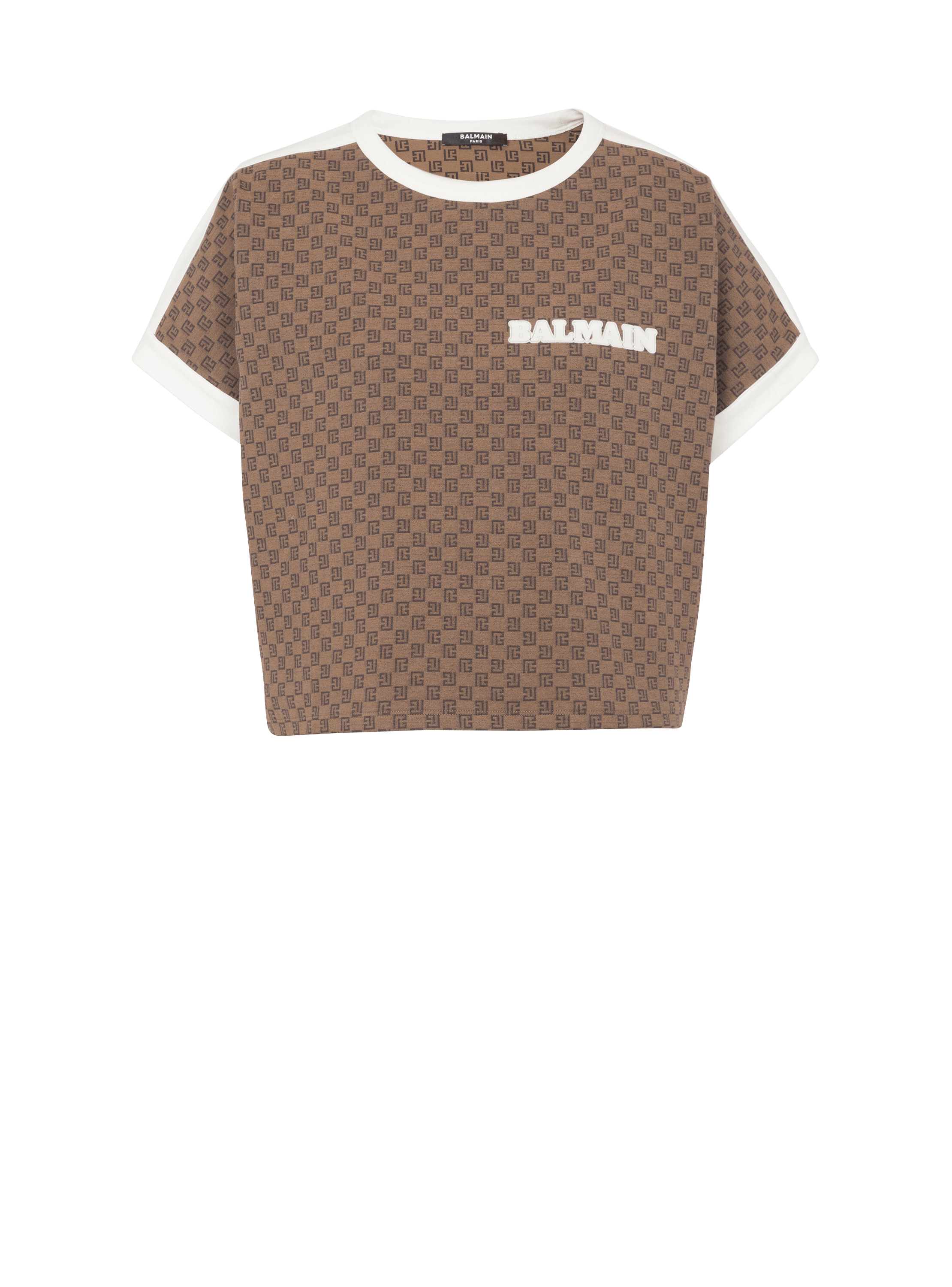 Camiseta corta de jacquard con monograma pequeño, marrón, hi-res