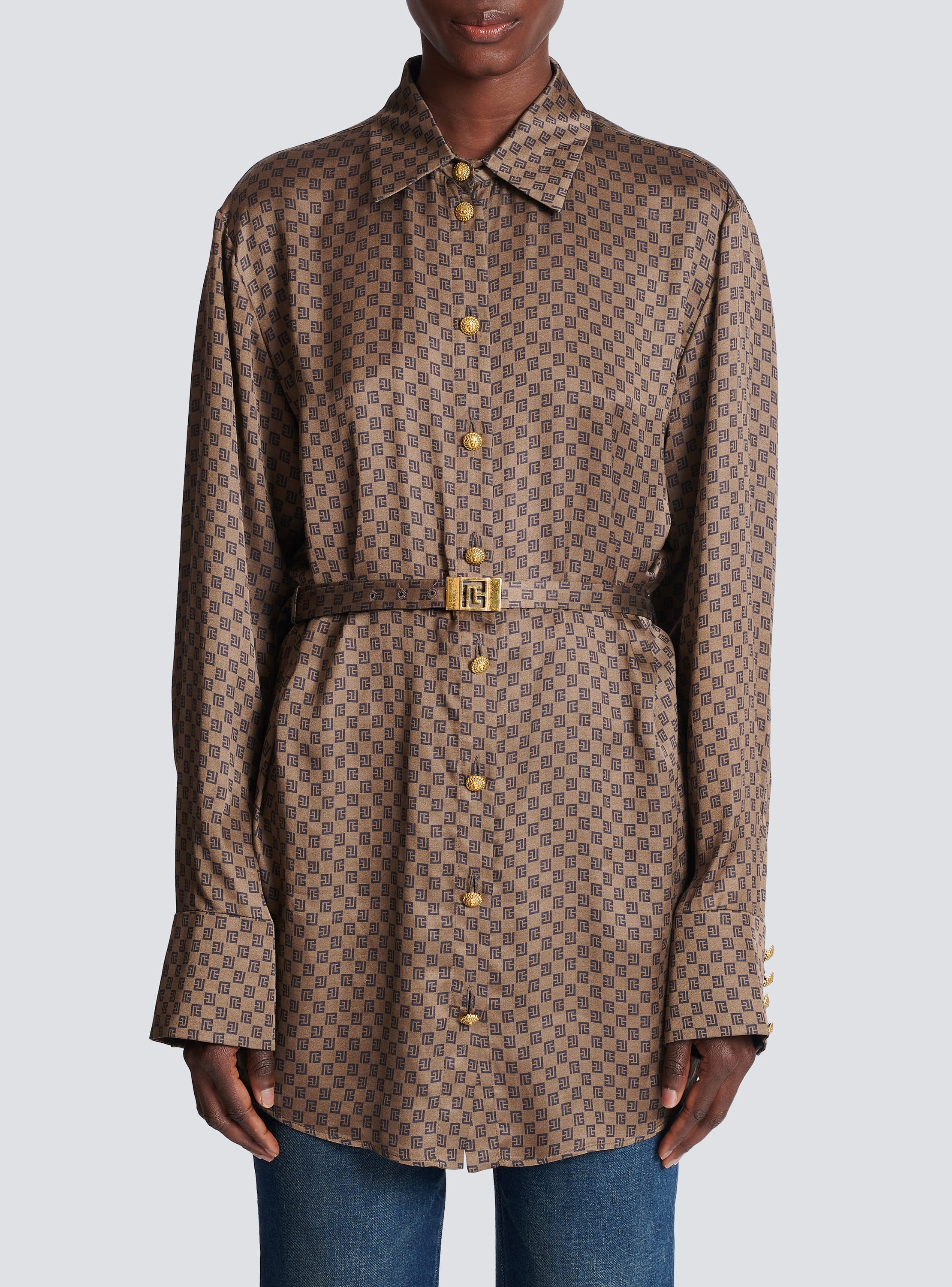 Silk shirt with a mini monogram print brown - Women