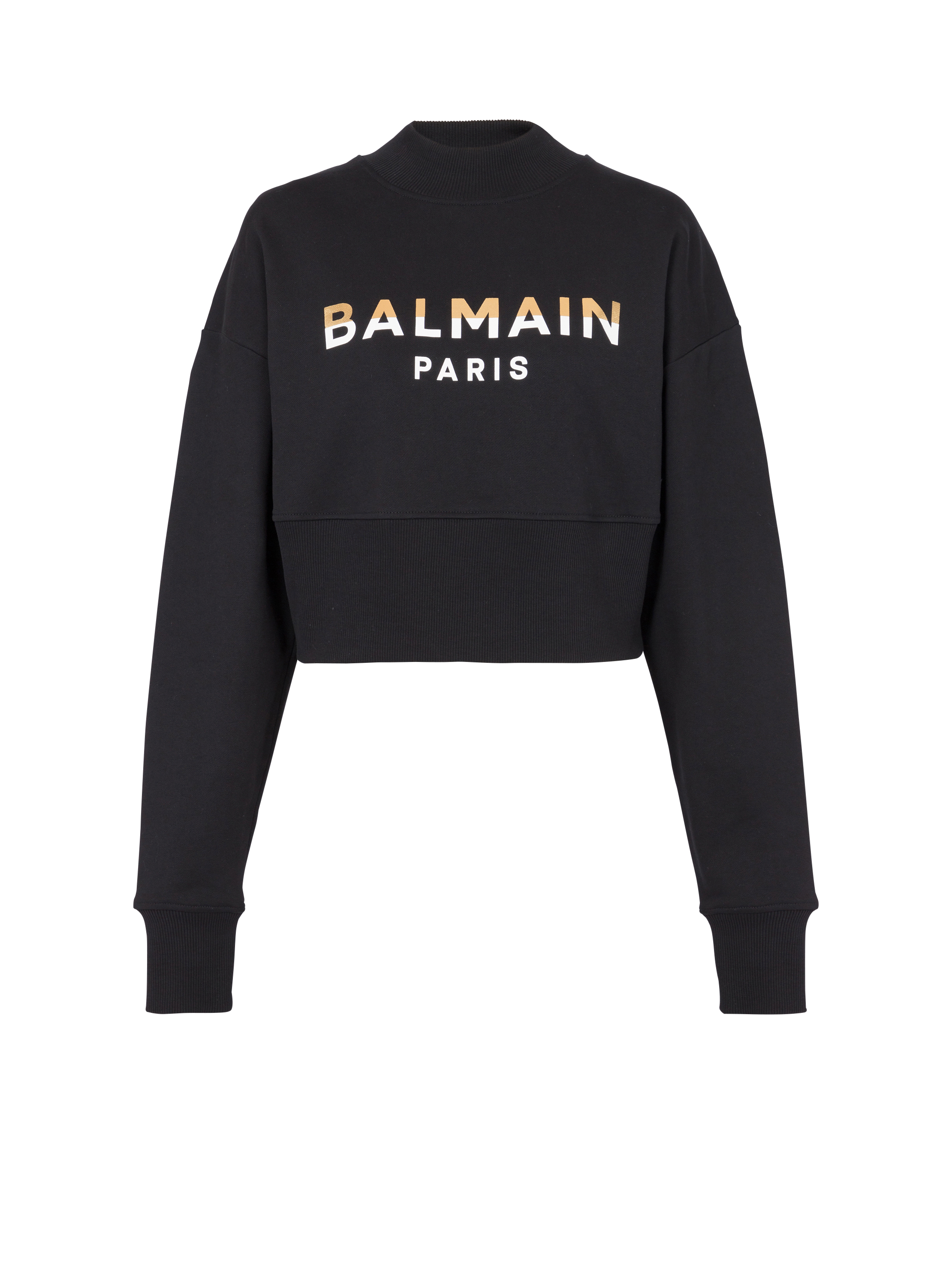 Kurzes Sweatshirt mit Balmain Paris-Print, schwarz, hi-res