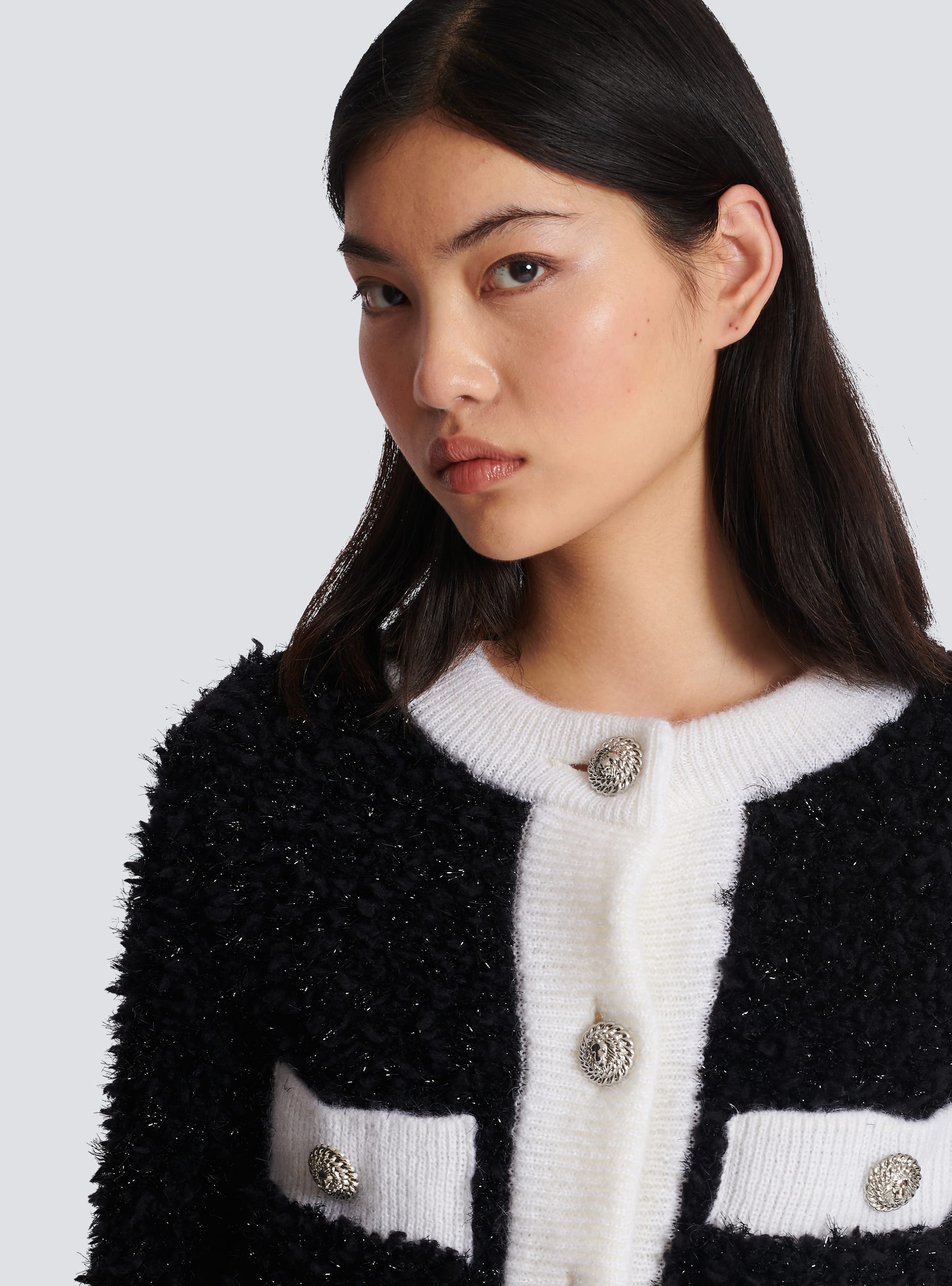 Balmain Strong-shoulder Monogram Mohair Cardigan In Rose Fluo Noir