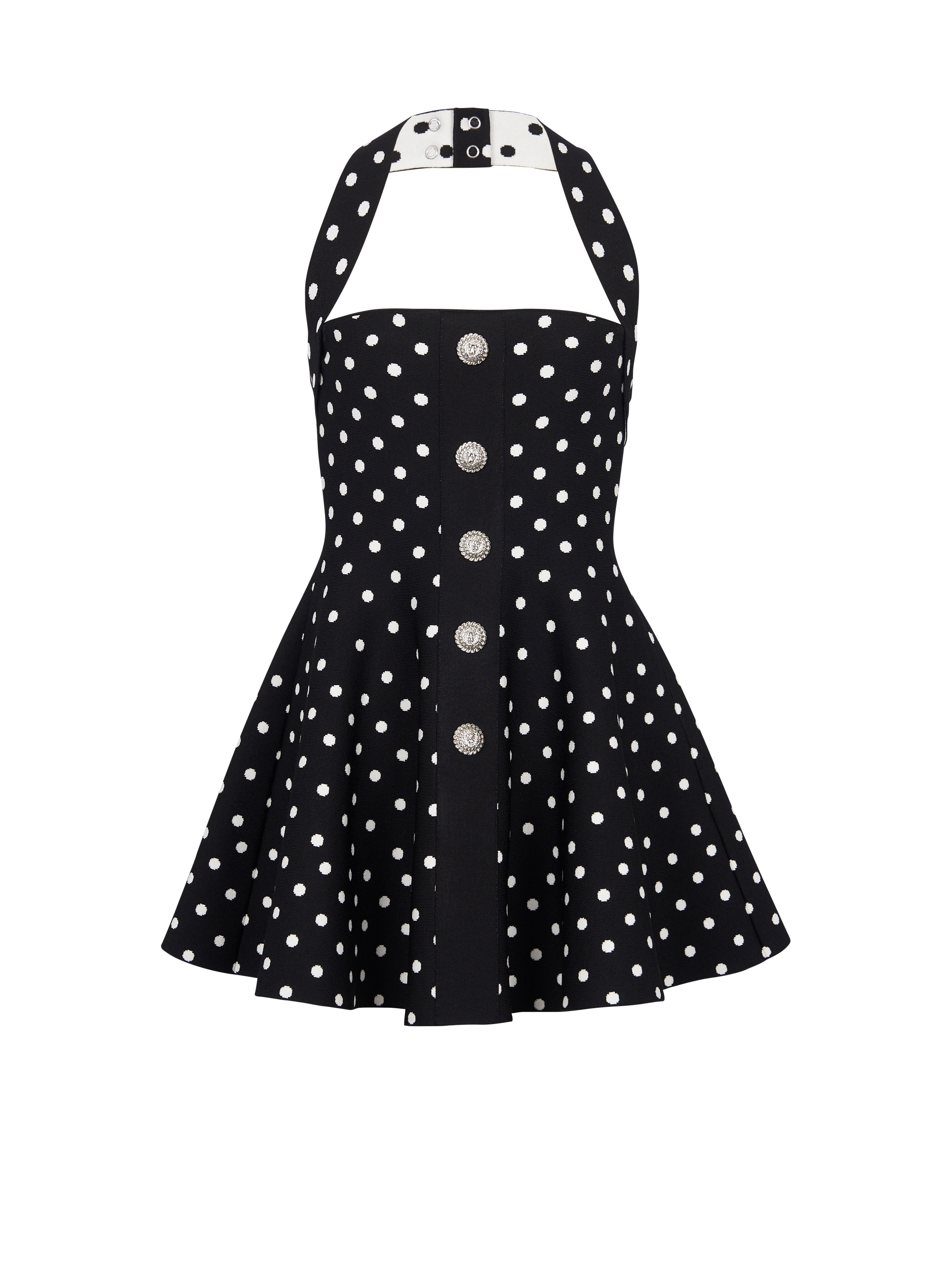Halterneck dress in a polka-dot jacquard knit, black, hi-res