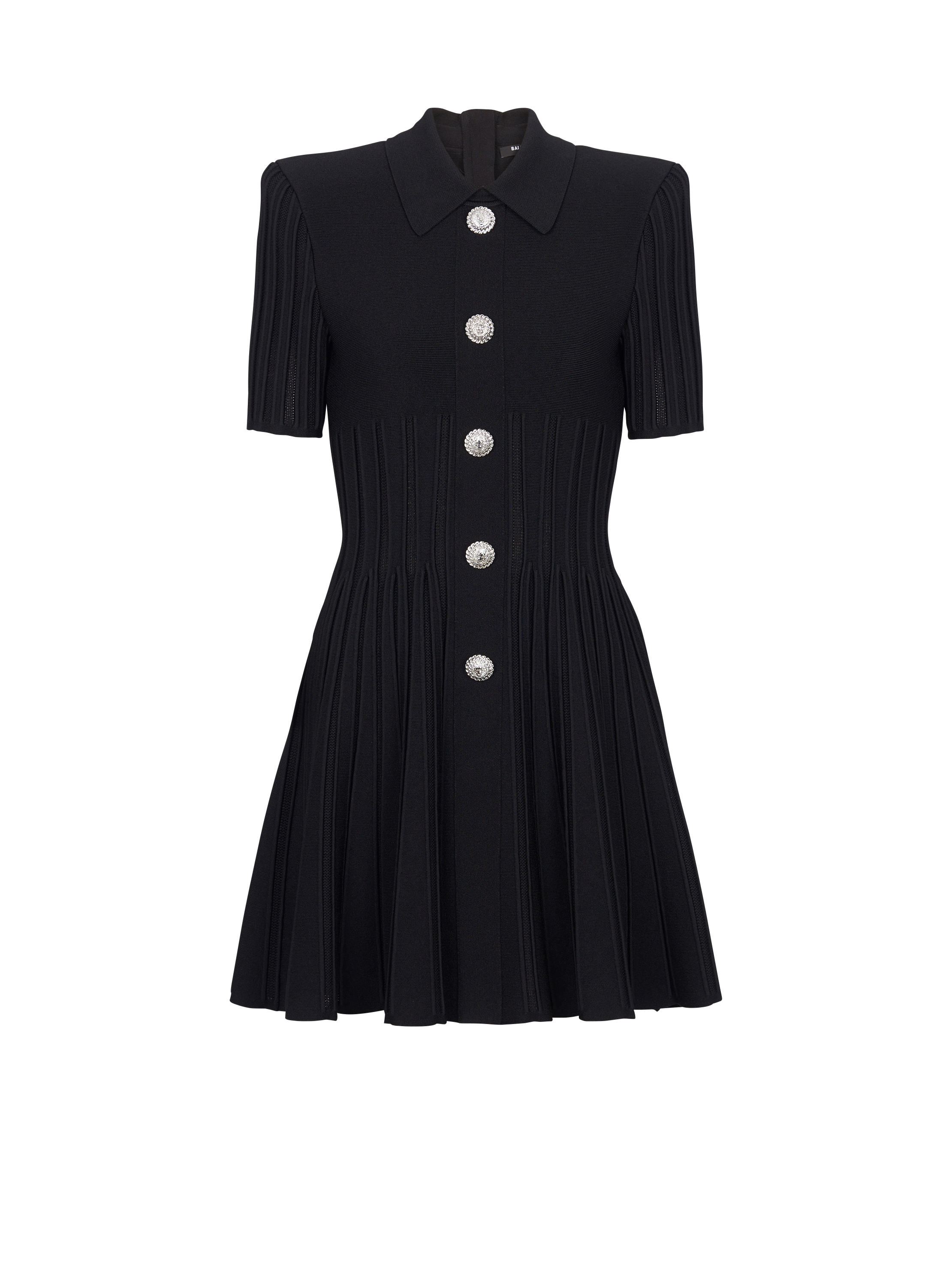 Short flared ribbed knit dress, black, hi-res