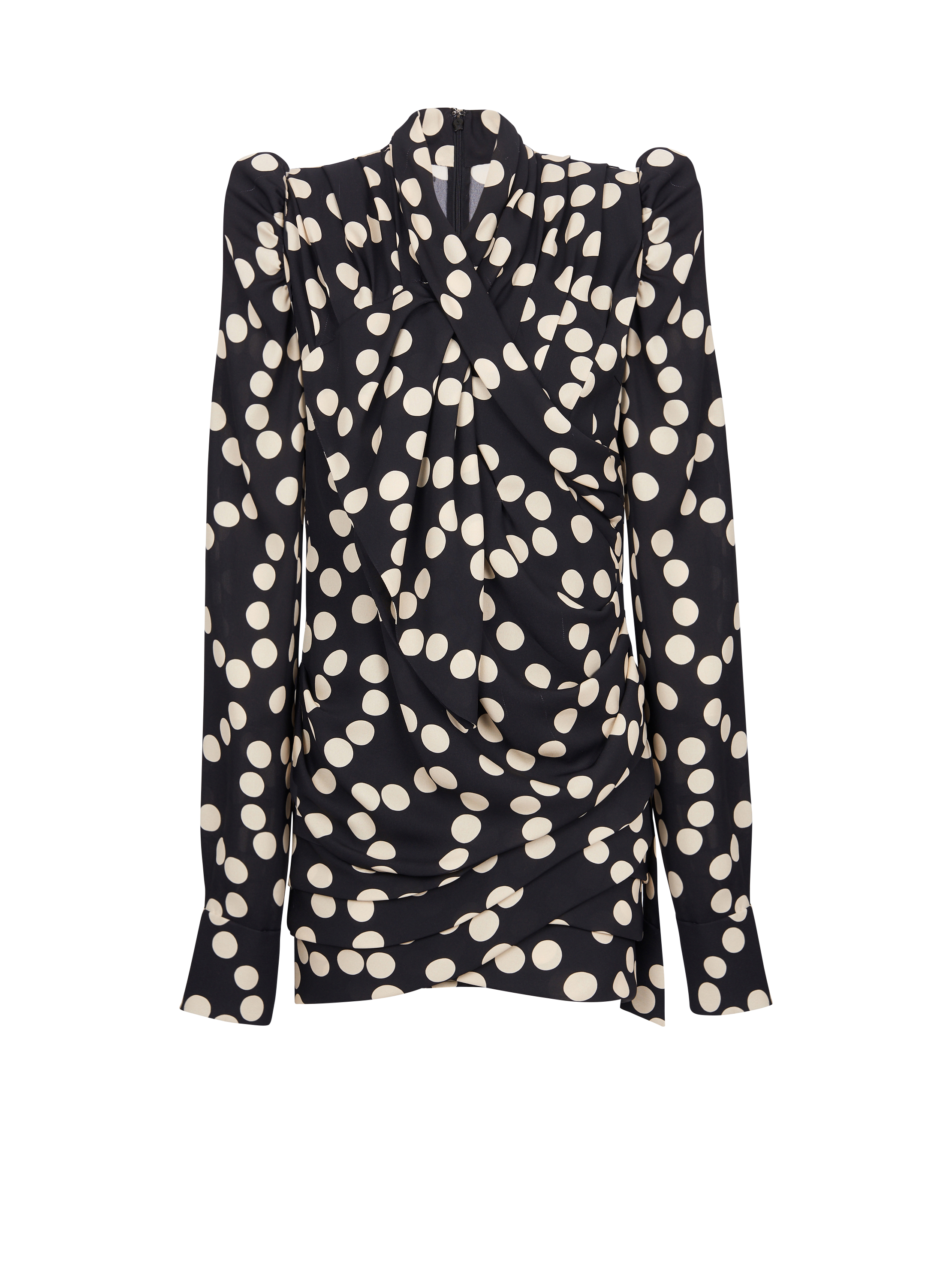 Short draped polka dot dress, black, hi-res