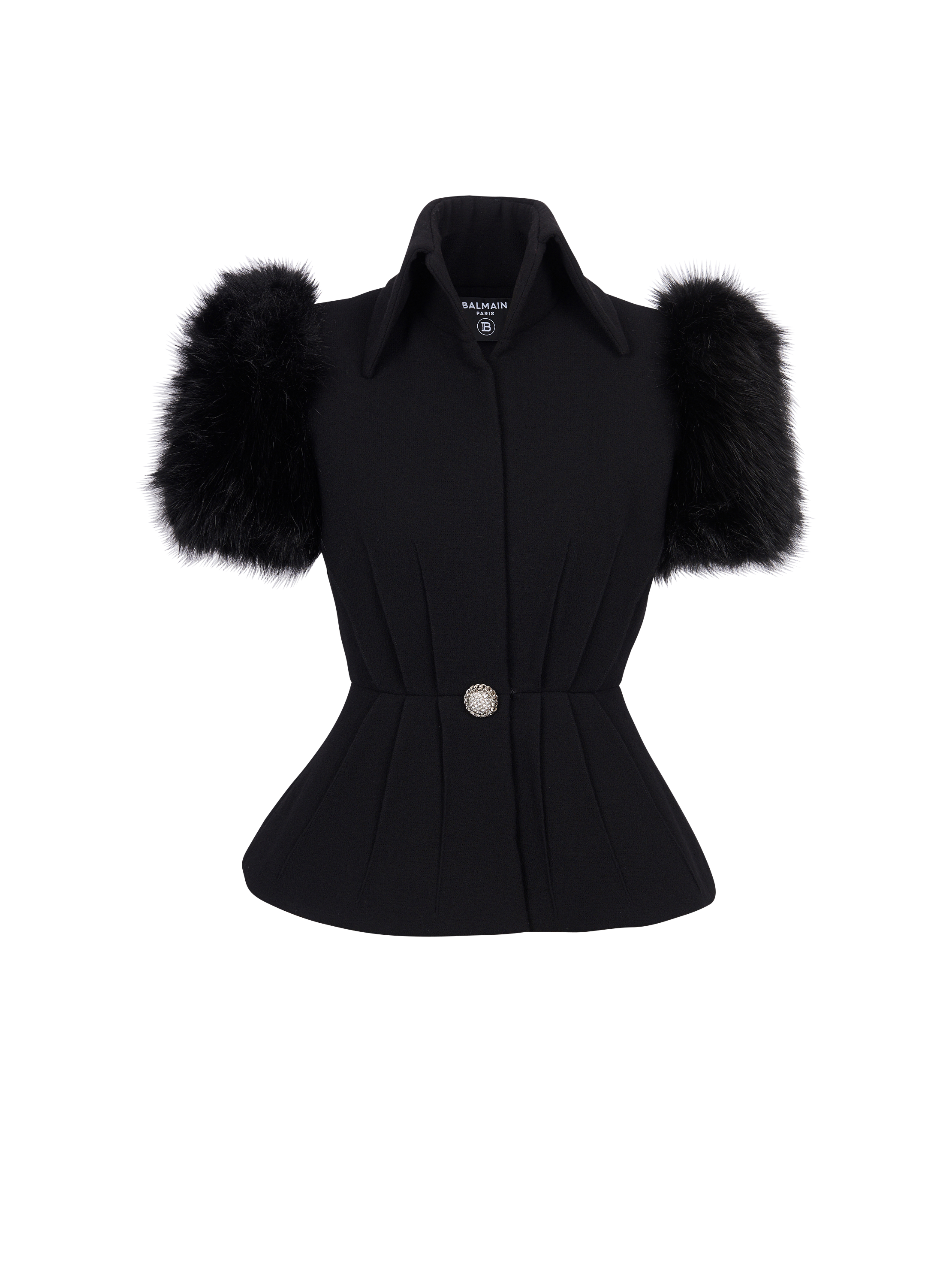 페이크 퍼 소재의 쇼트 슬리브 재킷, 검정색, hi-res