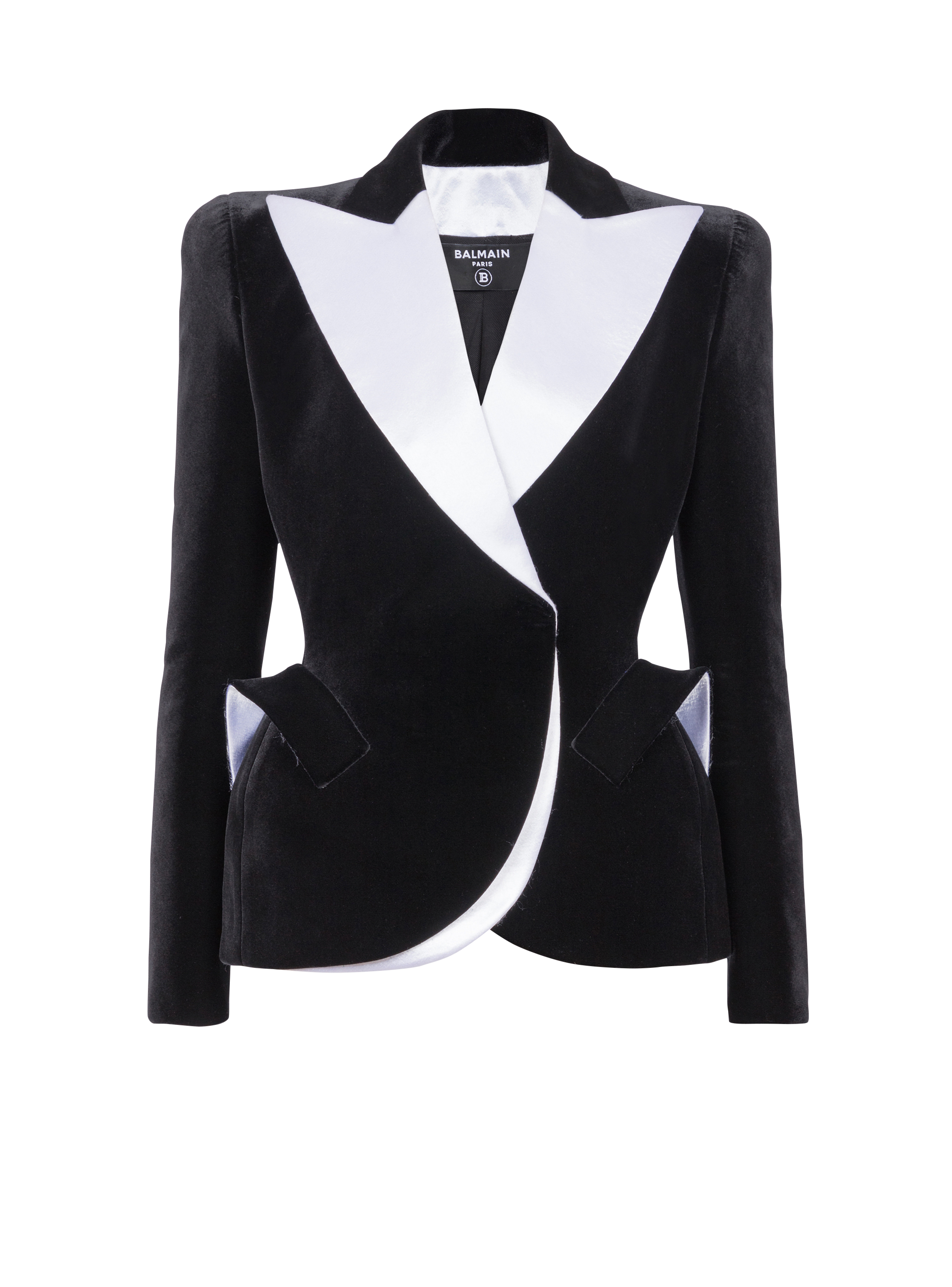 구조적인 실루엣의 벨루어 및 새틴 소재 재킷, 검정색, hi-res