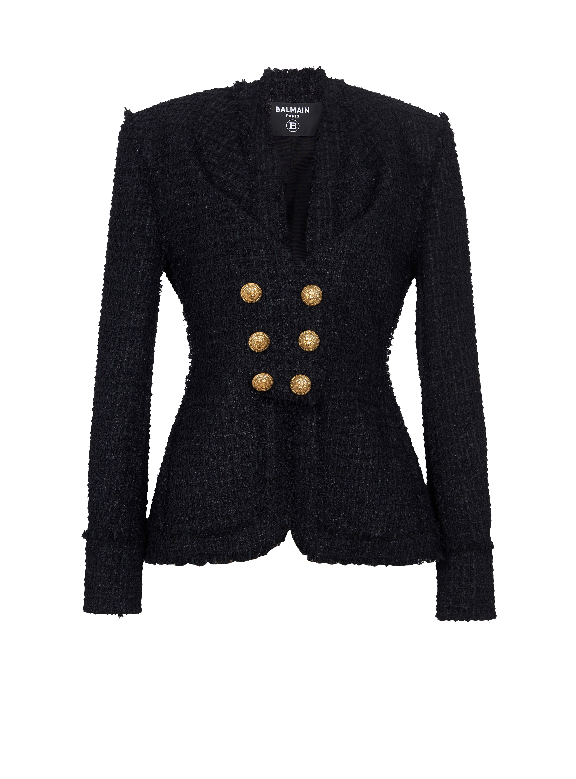 Collarless tweed jacket, black, hi-res