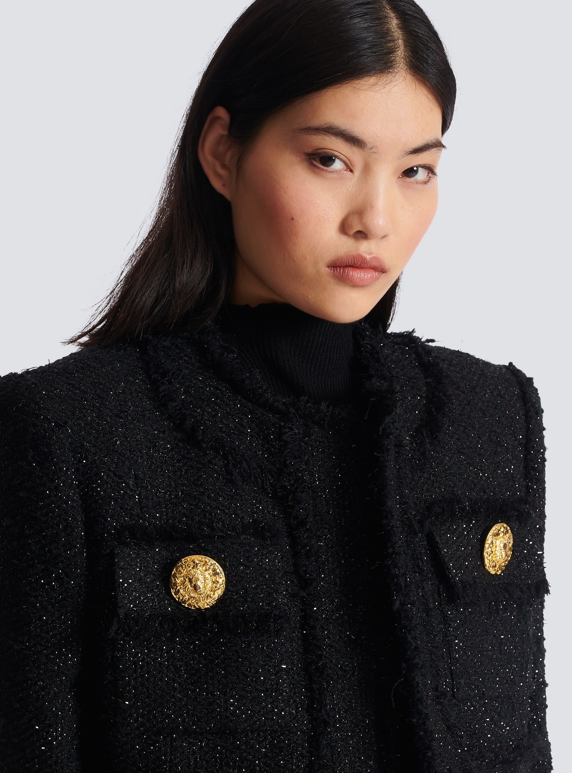 Cropped lurex tweed jacket black Women BALMAIN