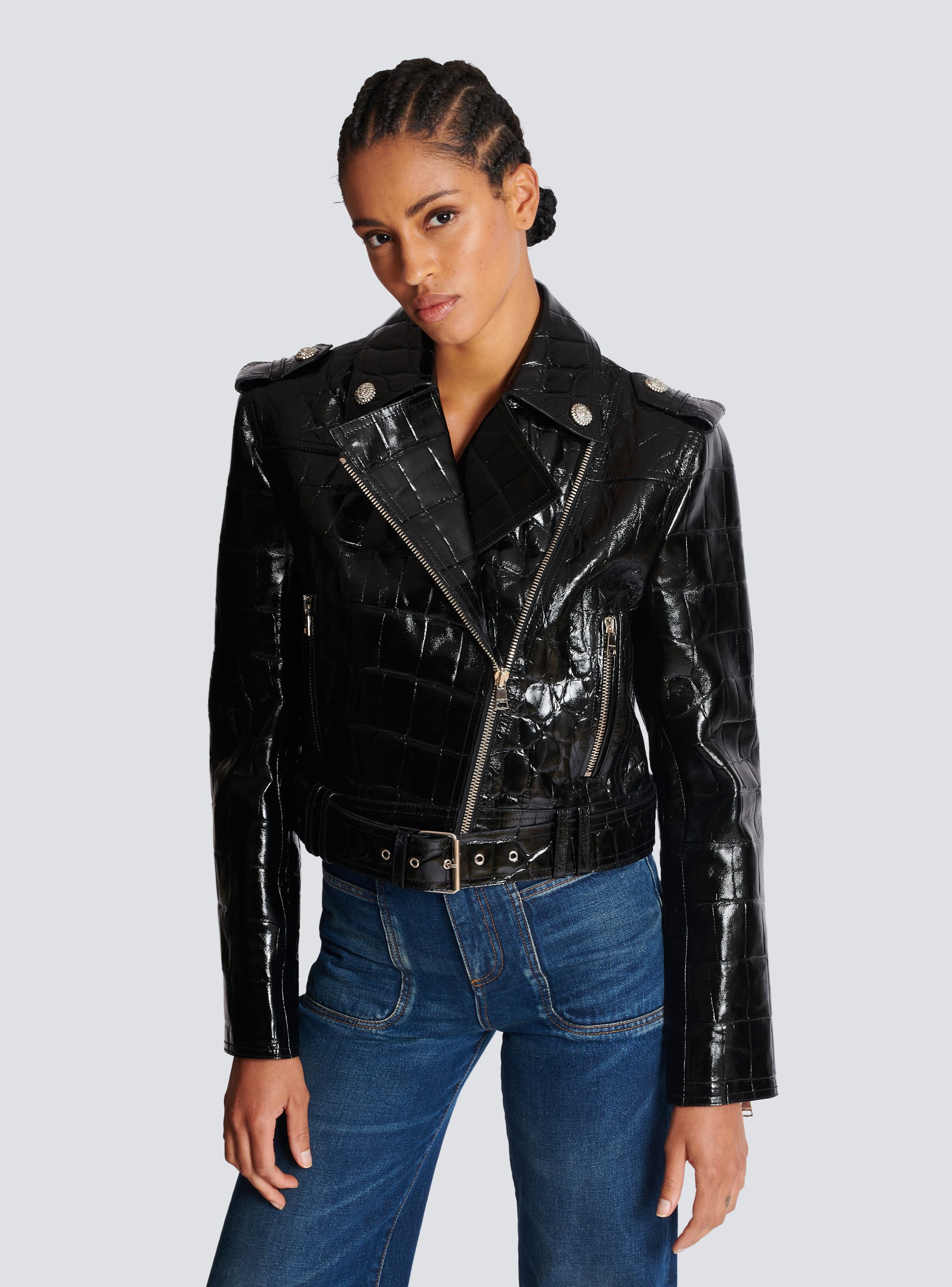Women Ombre Croco Printed Leather Biker Jacket Black / L / Leather