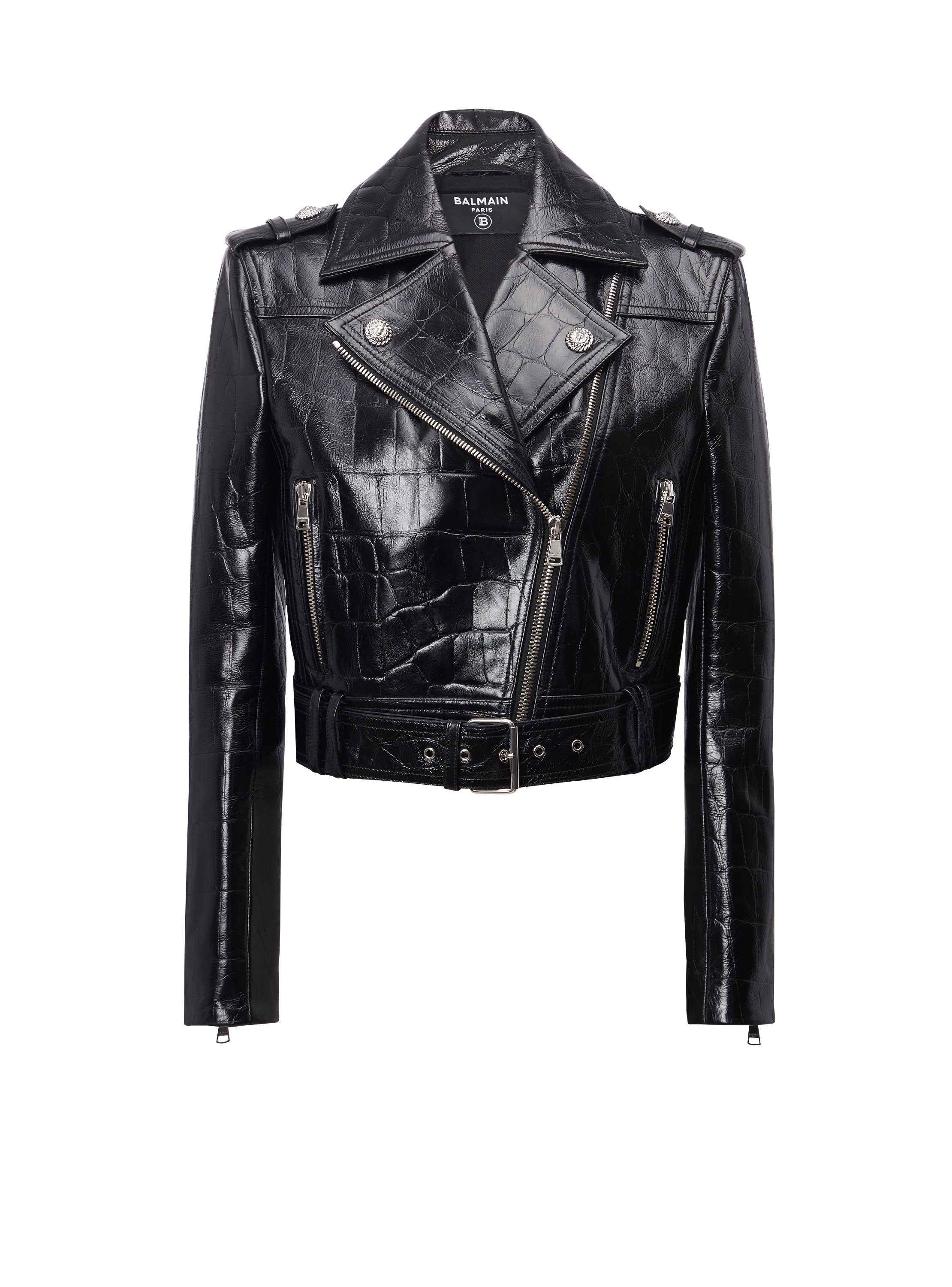 Crocodile-effect leather biker jacket